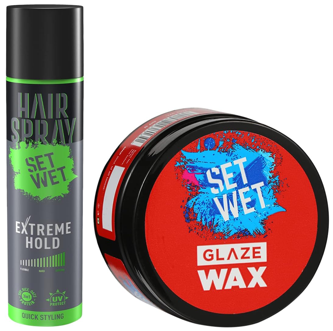 Set Wet Extreme Hold Hair Spray for Men - Strong Styling & Freezing Spray 200ml + Glaze Hair Styling Wax 60g - Perfect for Daily Grooming, Party Looks & Professional Hairstyles