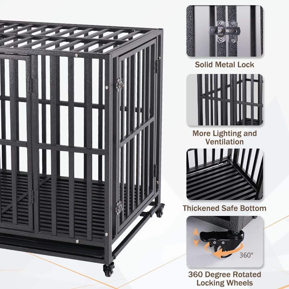 LUCKUP 42 Inch Heavy Duty Metal Dog Crate with 2 Doors & 4 Wheels - Stackable Large Dog Kennel Cage for Medium & Big Dogs - Removable Tray - Perfect for Home, Travel & Vet Visits