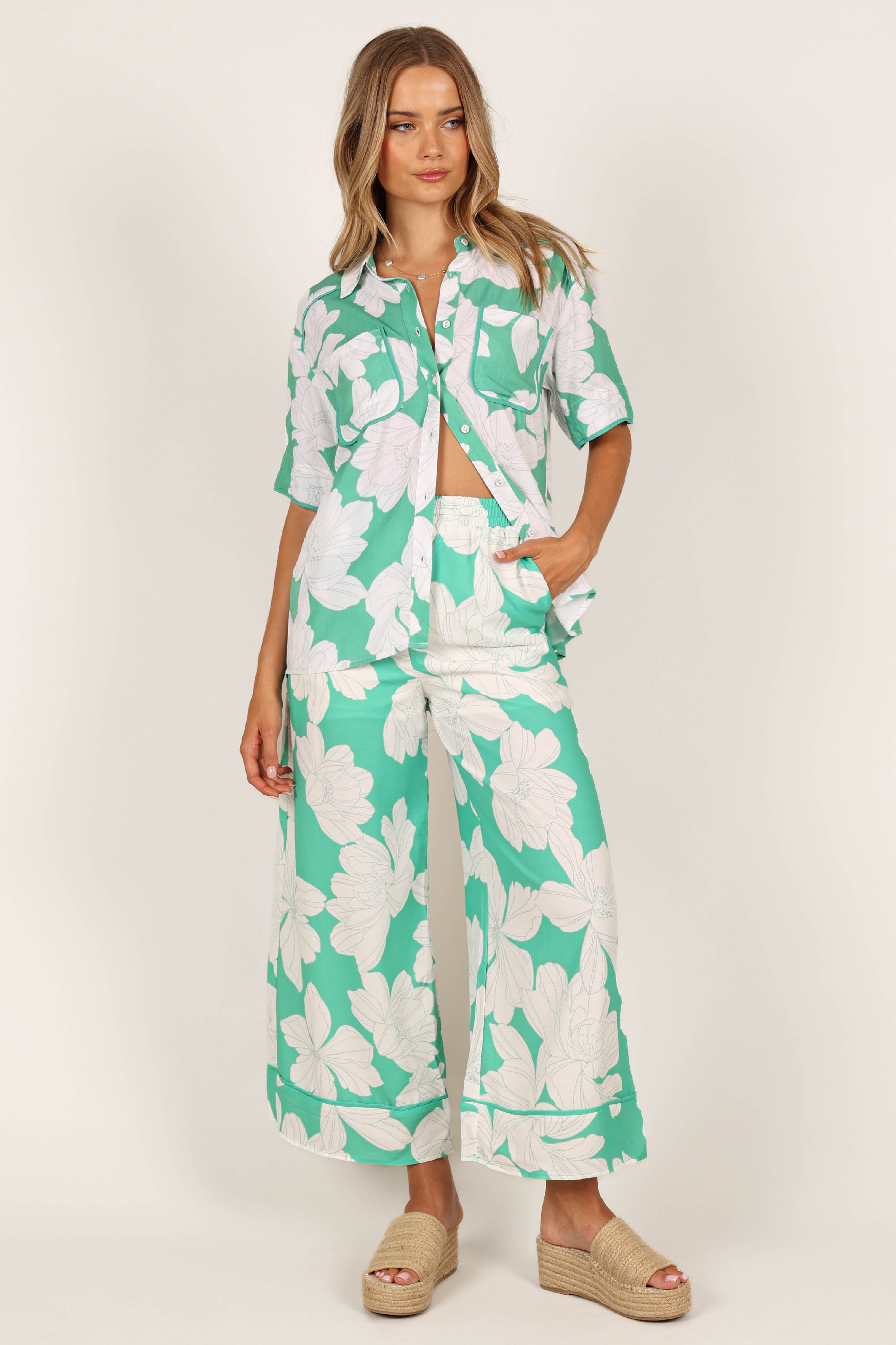 Bentley Women's Wide Leg Pants - Green Floral Print High Waist Linen Trousers for Casual Wear & Summer Outfits