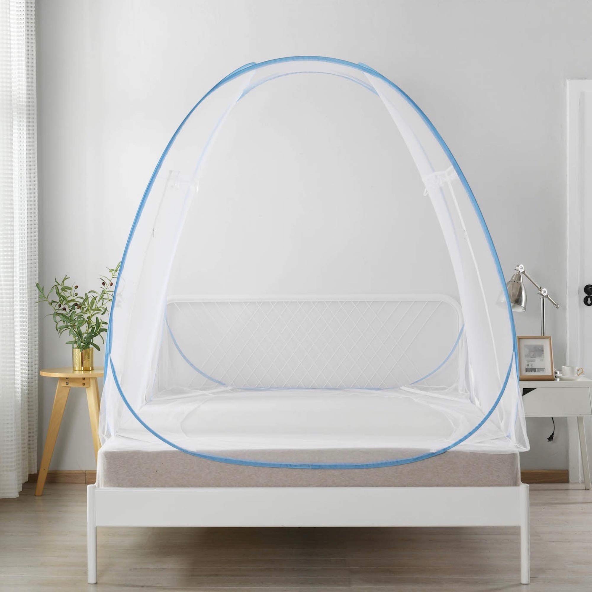 King Size Cotton Loft Pop Up Bed Tent for Adults - Breathable White & Blue Sleeping Privacy Canopy - Perfect for Camping, Guest Rooms & Nap Time