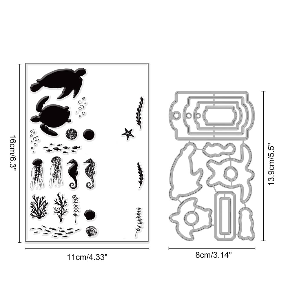 INFUNLY Sea Animal Die Cut and Stamp Set - Clear Stamps & Dies for Card Making, Scrapbooking, DIY Crafts - Includes Sea Turtle, Seahorse, Jellyfish, Seaweed Designs - Perfect for Handmade Greeting Cards, Journals, Home Decor, and Paper Crafting Projects