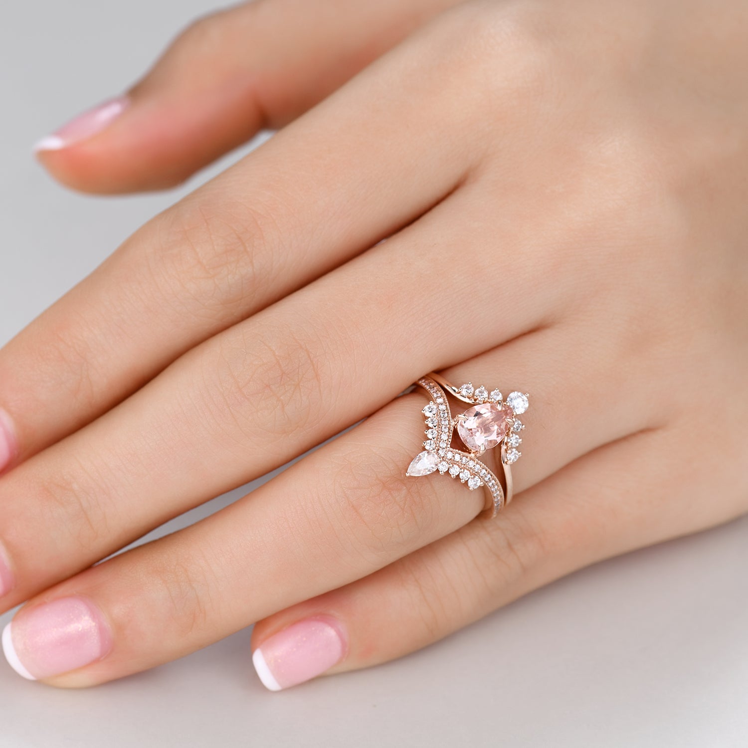 Morganite and Moissanite Teardrop Bridal Ring Set with Curved Chevron Band - Unique Crown Design for Engagement, Wedding, Anniversary Gift - Perfect for Proposals, Bridal Jewelry, and Special Occasions