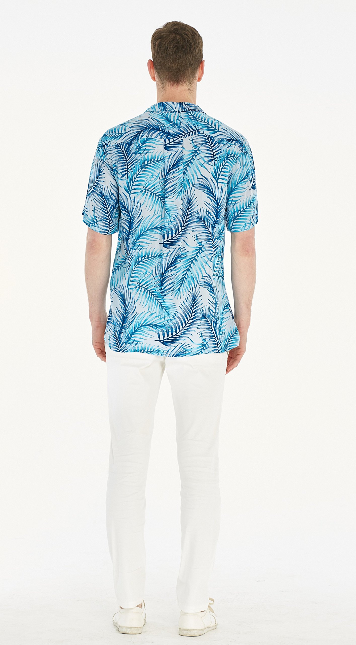 Matchable Couple Hawaiian Luau Shirt & Maxi Tank Dress Set - Simply Blue Leaf Tropical Print - Perfect for Beach Vacations, Summer Parties & Luau Themed Events