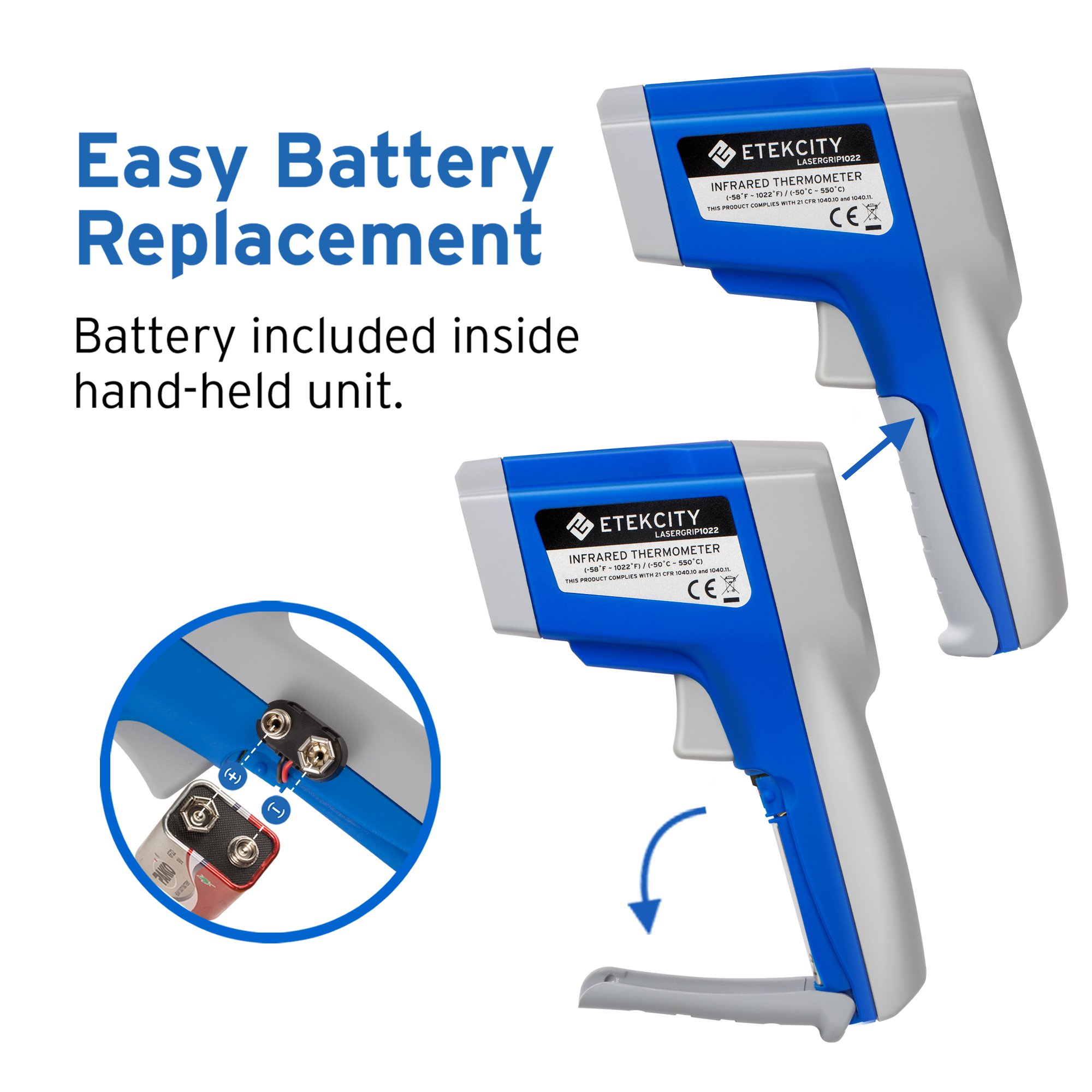 Etekcity Infrared Thermometer Gun -58°F to 1022°F (-50°C to 550°C) with Adjustable Emissivity, Non-Contact Digital Laser Temperature Gun for Cooking, HVAC, Automotive, Industrial Use - Perfect for Grilling, Meat, Refrigerator, Pool and Oven Temperature Monitoring (Blue)