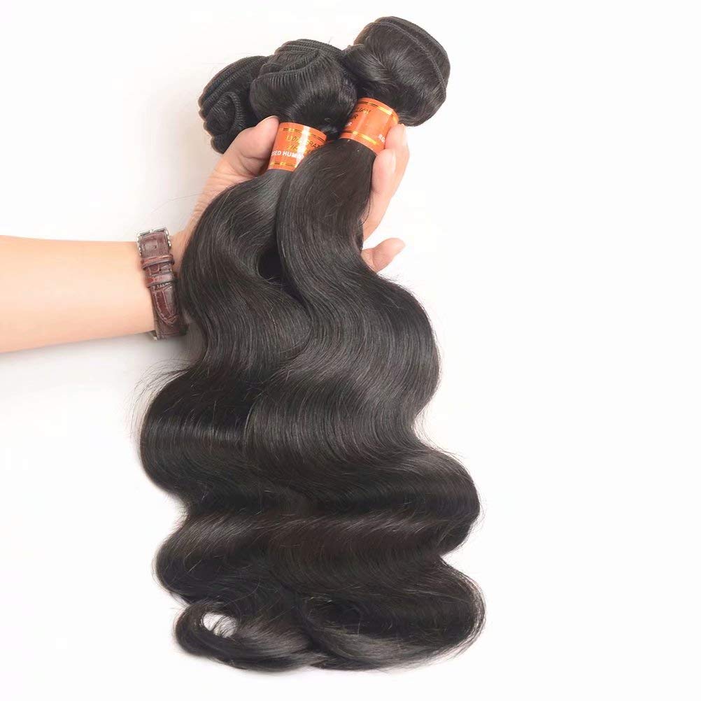 FEEL ME Brazilian Body Wave Hair 3 Bundles (14 16 18 Inch) - 100% Unprocessed Virgin Human Hair Weave - Natural Black Hair Extensions for Women - Perfect for Styling, Weaving & Protective Hairstyles