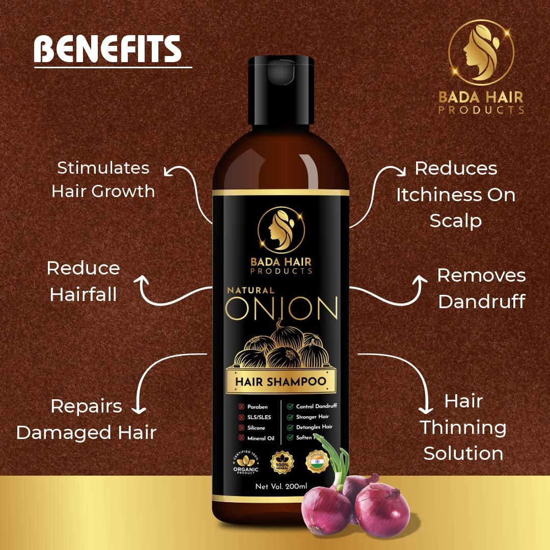BADAHAIR® Ayurvedic Herbal Onion Shampoo for Hair Growth & Hair Loss Prevention - 200ml | Controls Dryness & Frizz for Silky, Shiny, Strong Hair | Ideal for Daily Use & Scalp Care