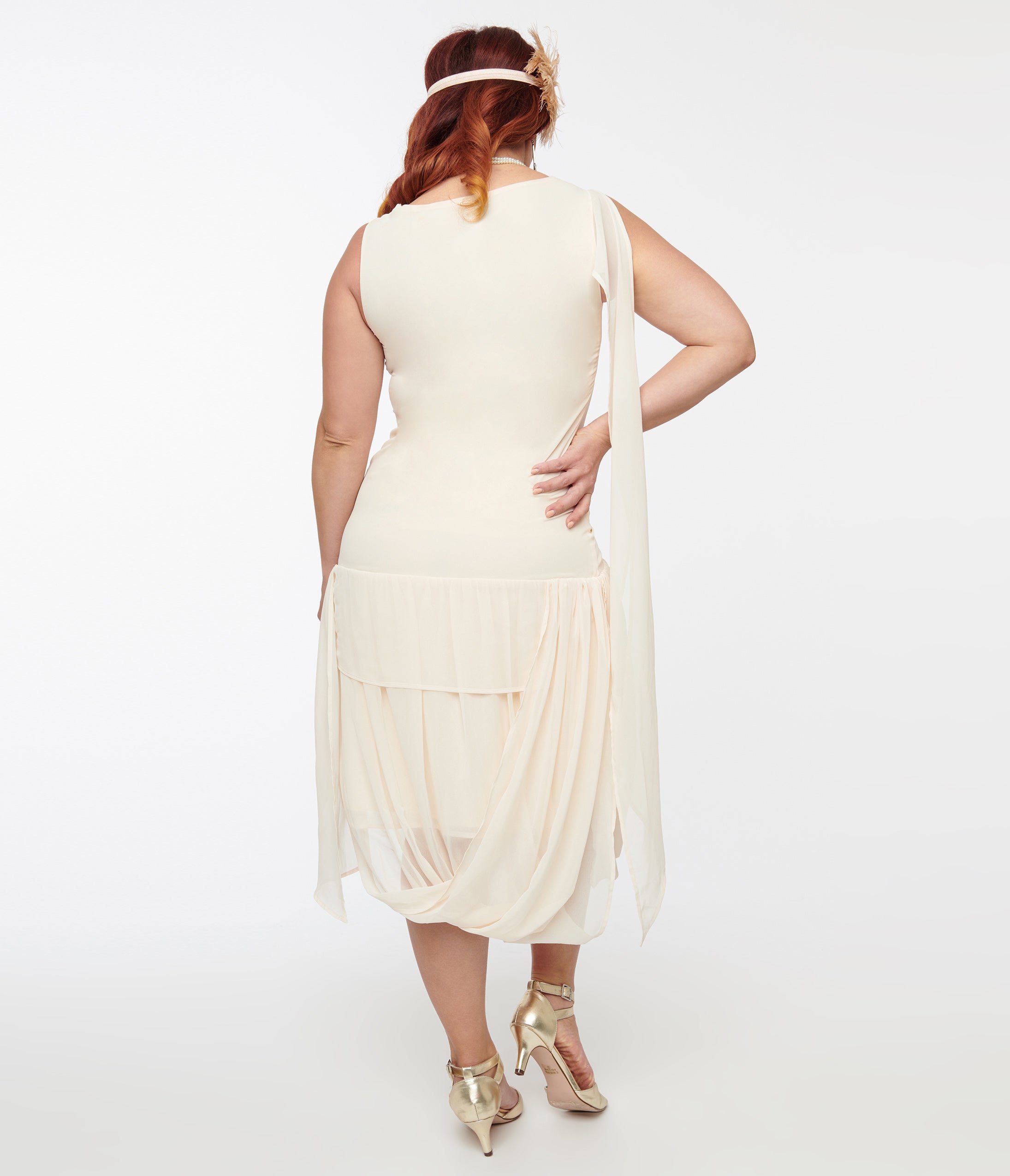 Vintage 1920s Ivory Flapper Dress - Elegant Chiffon Draped Gatsby Party Costume for Roaring 20s Theme Party, Halloween, or Burlesque Show