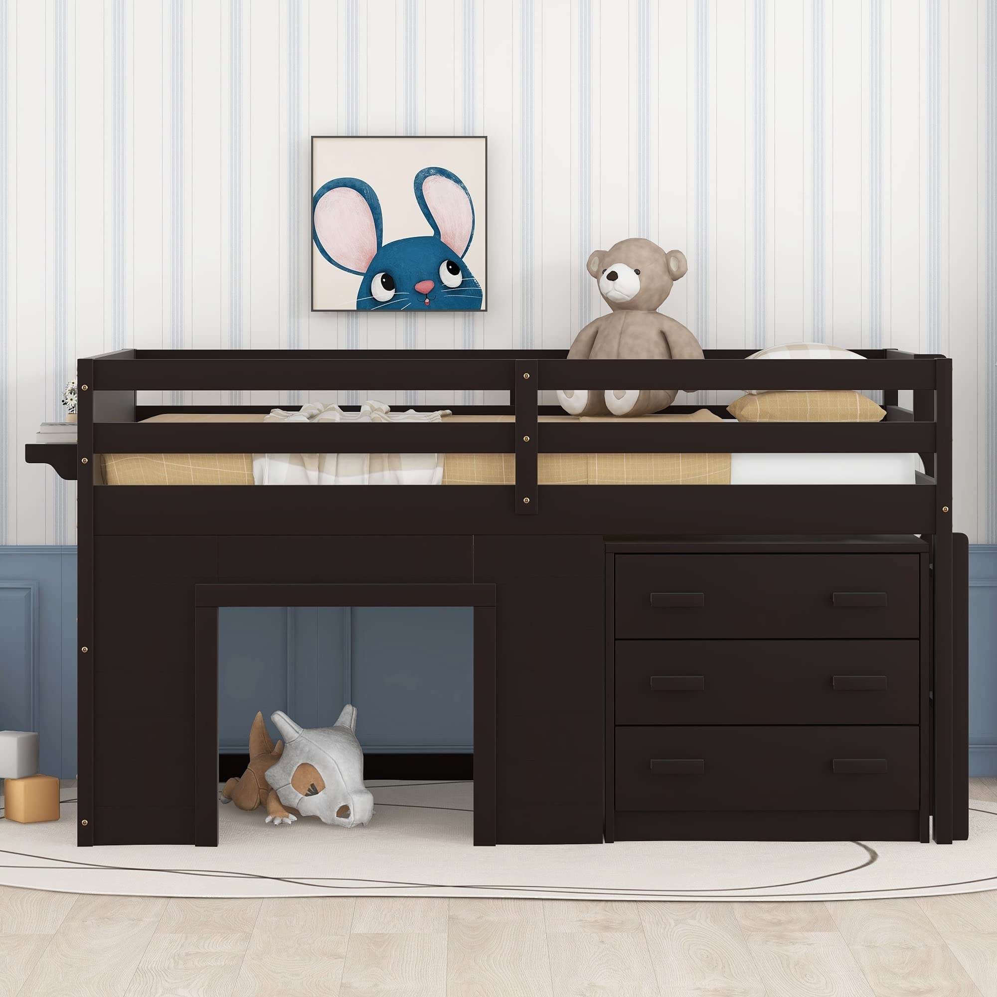 Twin Size Low Loft Bed with Storage - Wooden Loft Bed Frame with Cabinet & Shelves for Kids, Boys & Girls - Espresso Finish - Perfect for Small Bedrooms, Dorms & Space-Saving Kids' Rooms