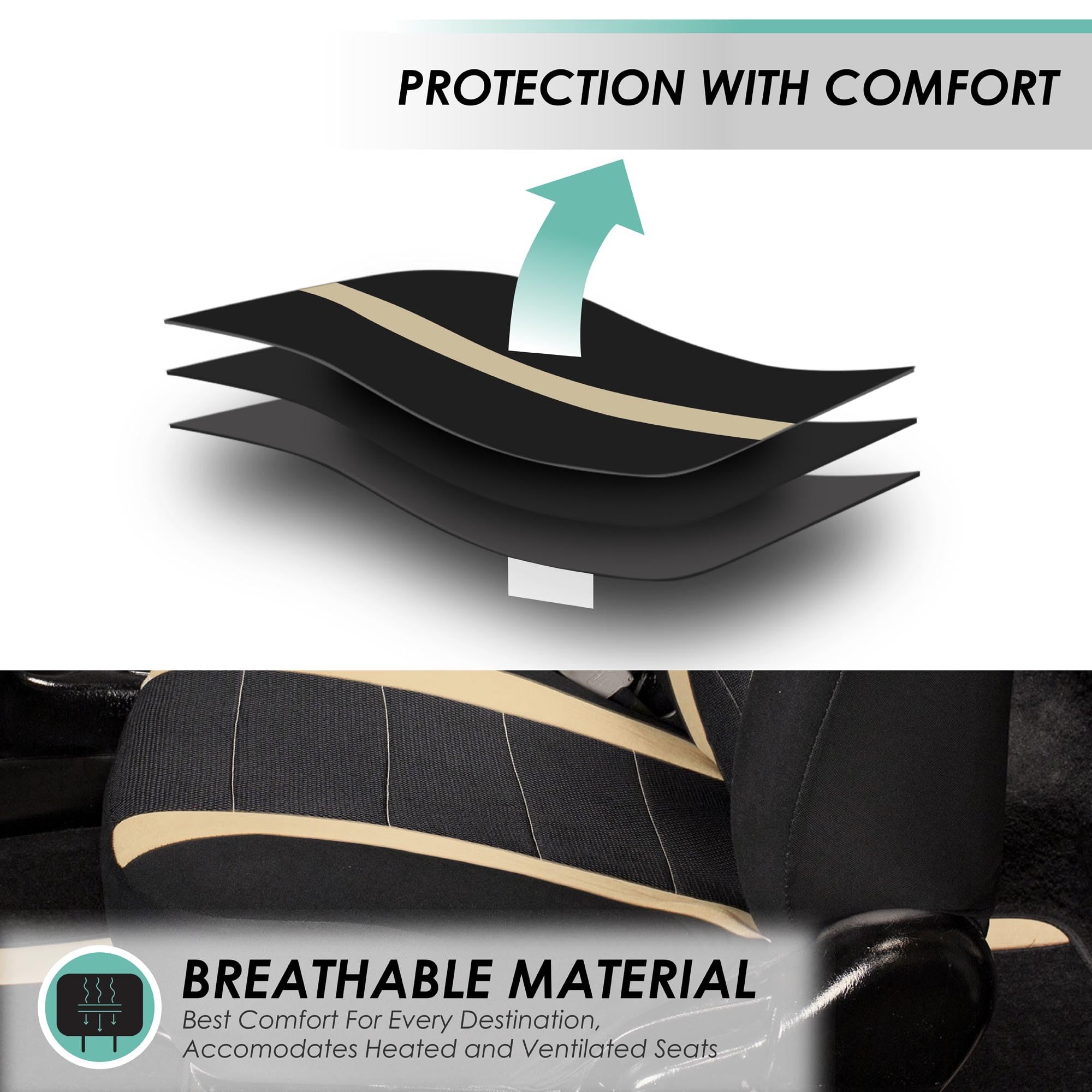 TLH Universal Car Seat Covers Full Set - Beige Sports Style Airbag Compatible Split Rear Seat Protector for Cars, Trucks & SUVs | Durable Interior Accessories for Daily Commute, Road Trips & Family Protection