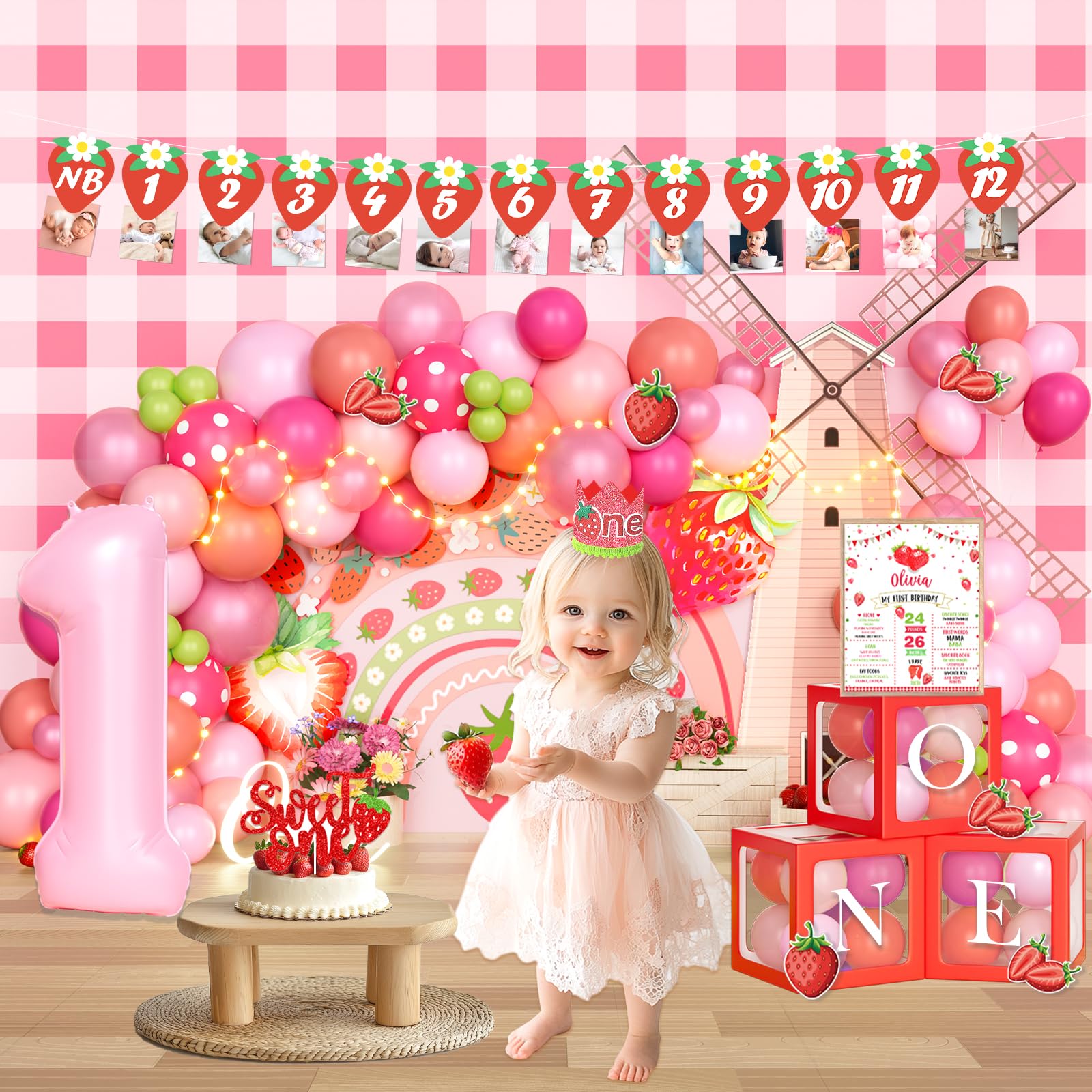 Berry First Birthday Decorations for Girls - Strawberry Themed Backdrop, Balloons, Monthly Photo Banner, Highchair Banner, Crown & Poster Set - Perfect for 1st Birthday Party, Baby Shower & Photoshoot Decorations