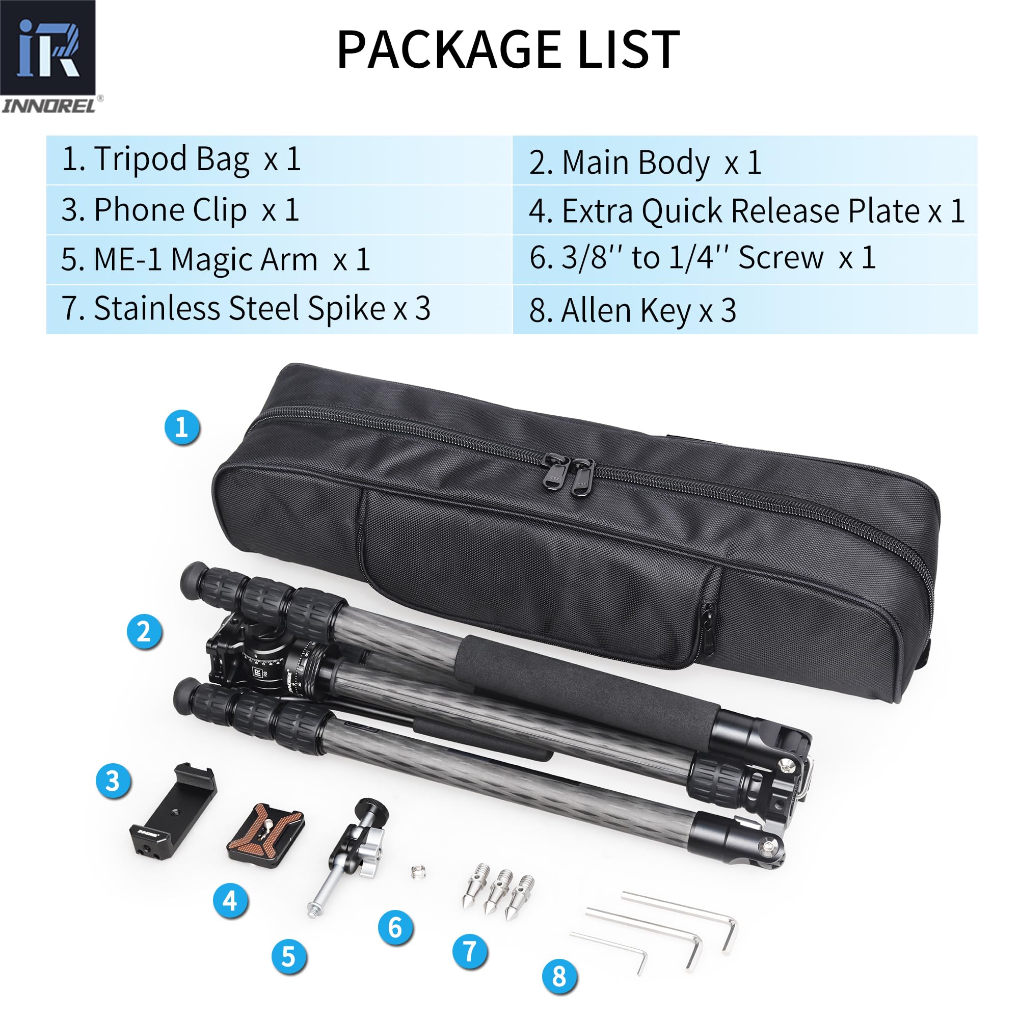 INNOREL RT45C+F10 10-Layer Carbon Fiber Tripod - Compact, Lightweight Travel Tripod & Monopod for DSLR, Camcorder, Mirrorless Cameras with Fluid Video Head, Magic Arm & Phone Clip - Perfect for Travel, Vlogging, Photography & Video Shooting