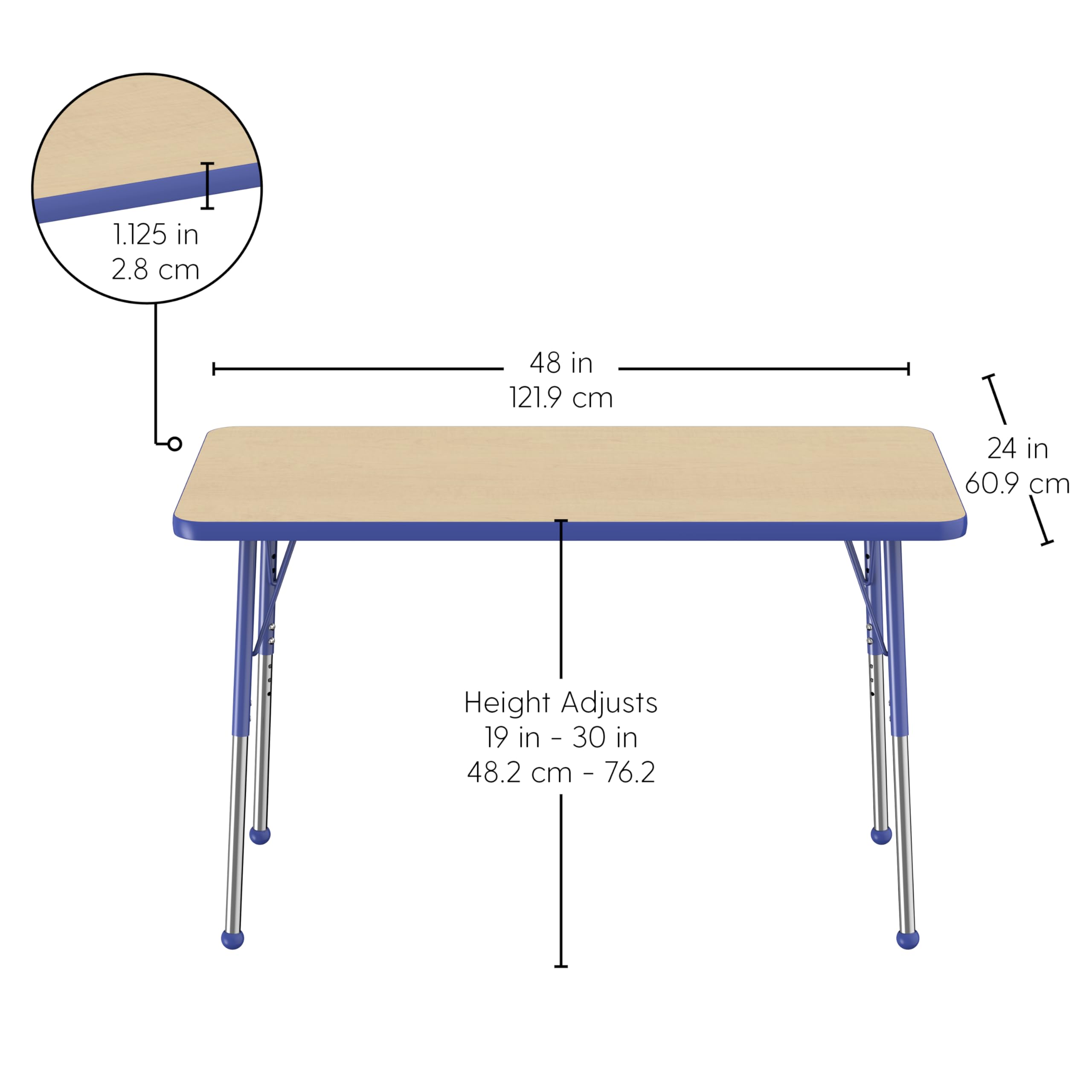 FDP Adjustable Height Rectangle Activity Table 24x48 Inch - Maple Top with Blue Edge, School & Office Desk for Classrooms, Meetings & Home Offices - Standard Legs with Ball Glides (19-30 Inch Height Range)
