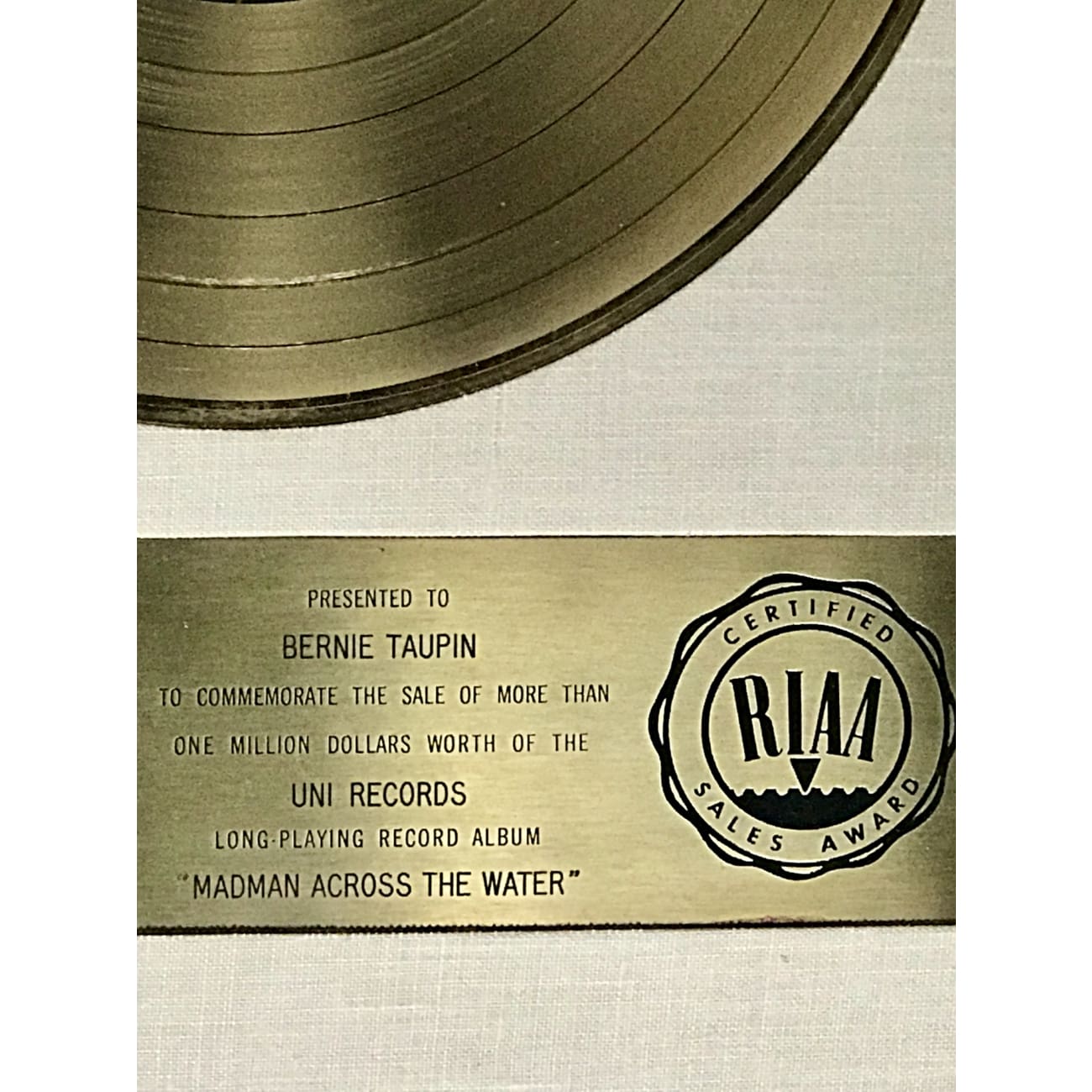 Elton John Madman Across The Water White Matte RIAA Gold LP Award - Rare Collectible Vinyl Record for Bernie Taupin | Perfect for Music Memorabilia Displays & Elton John Fan Collections
