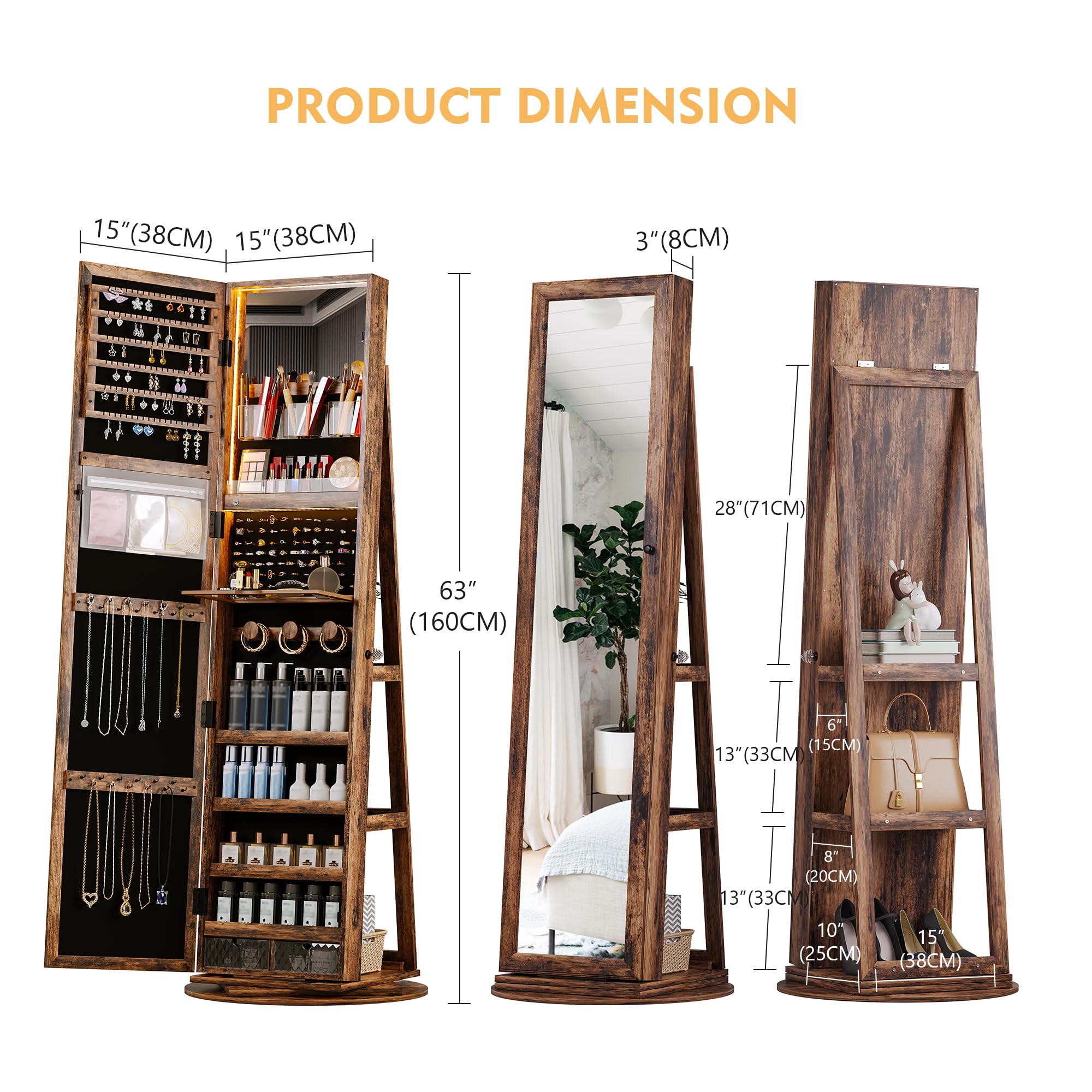 Lvifur 360° Swivel Jewelry Cabinet with 3 Color Dimmable LED Lights, Full Length Mirror & Jewelry Storage Organizer, Standing Jewelry Armoire with Rear Shelves - Perfect for Bedroom, Closet & Dressing Room (Brown)