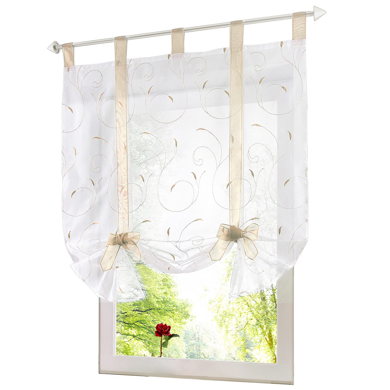 HomeyHo 47 x 55 Inch Semi-Sheer Embroidered Tab Top Curtains - Elegant Sheer Window Treatments for Bedroom & Living Room | Perfect for Roman & Balloon Style Drapes in Sand Color