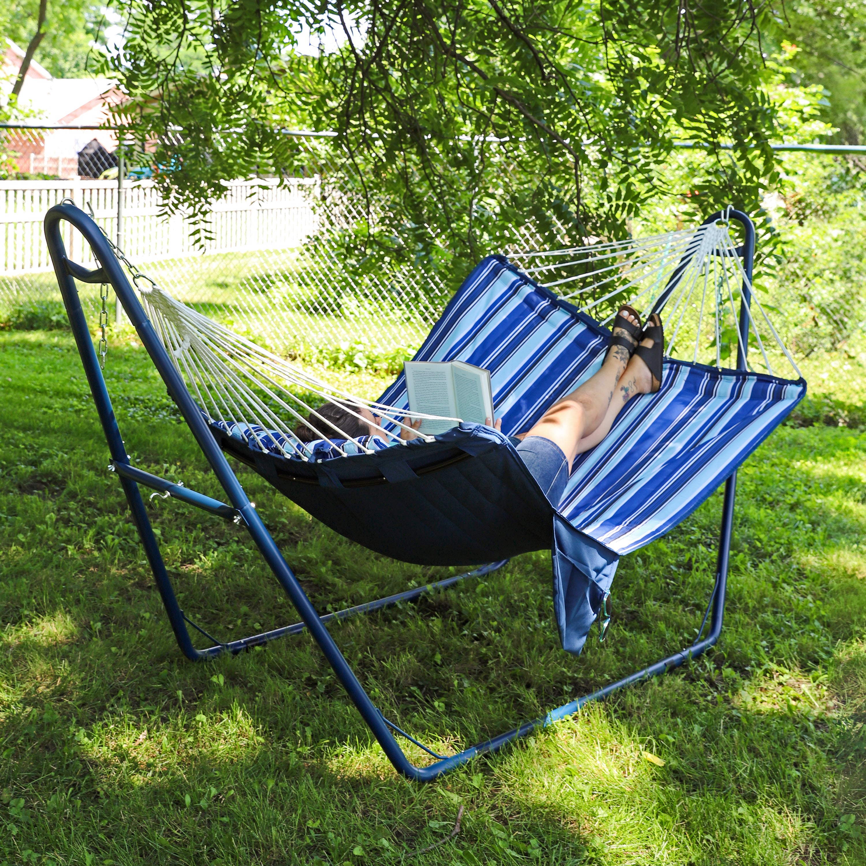 Premium Sunnydaze Double Hammock with Comfort Pillow & Curved Metal Spreader Bars - Perfect for Backyard Relaxation, Camping & Beach Getaways