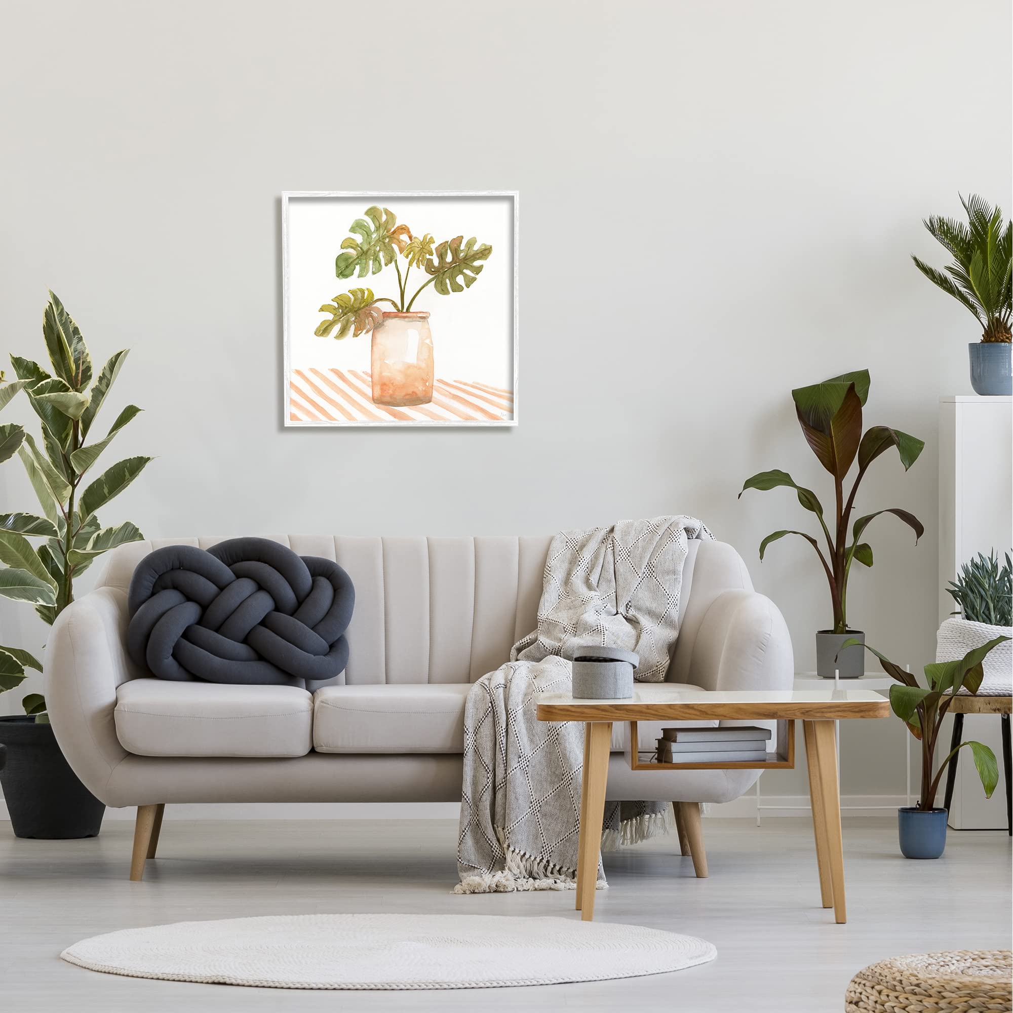 Stupell Industries Monstera Plant Ceramic Glazed Pot with Striped Pattern - Modern Tabletop Planter for Home & Office Decor - Perfect for Living Room, Bedroom, or Desk Plant Display