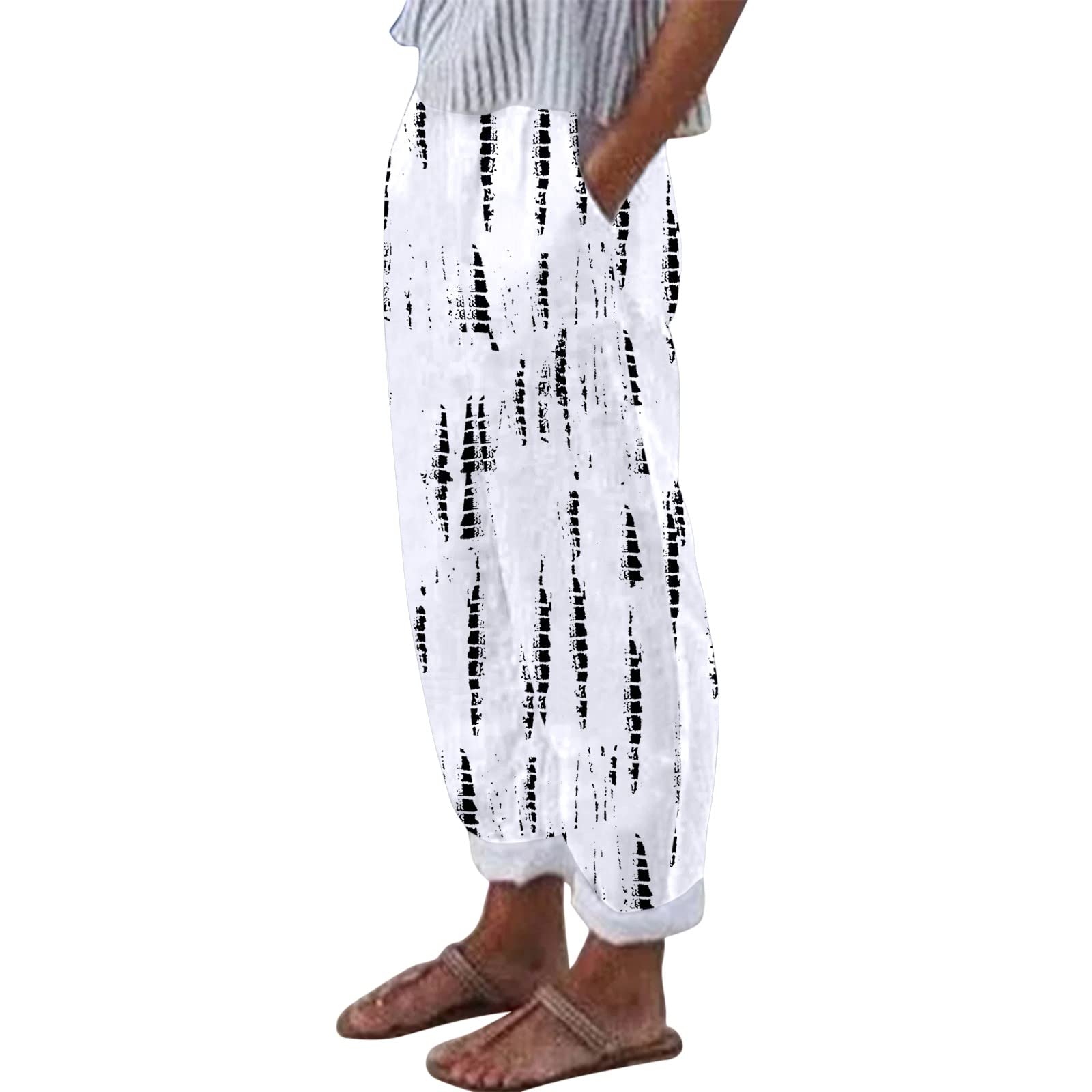 Women's High Waist Wide Leg Linen Capri Pants - Floral Print Casual Cropped Trousers for Summer | Perfect for Beach, Vacation & Boho Style Outfits
