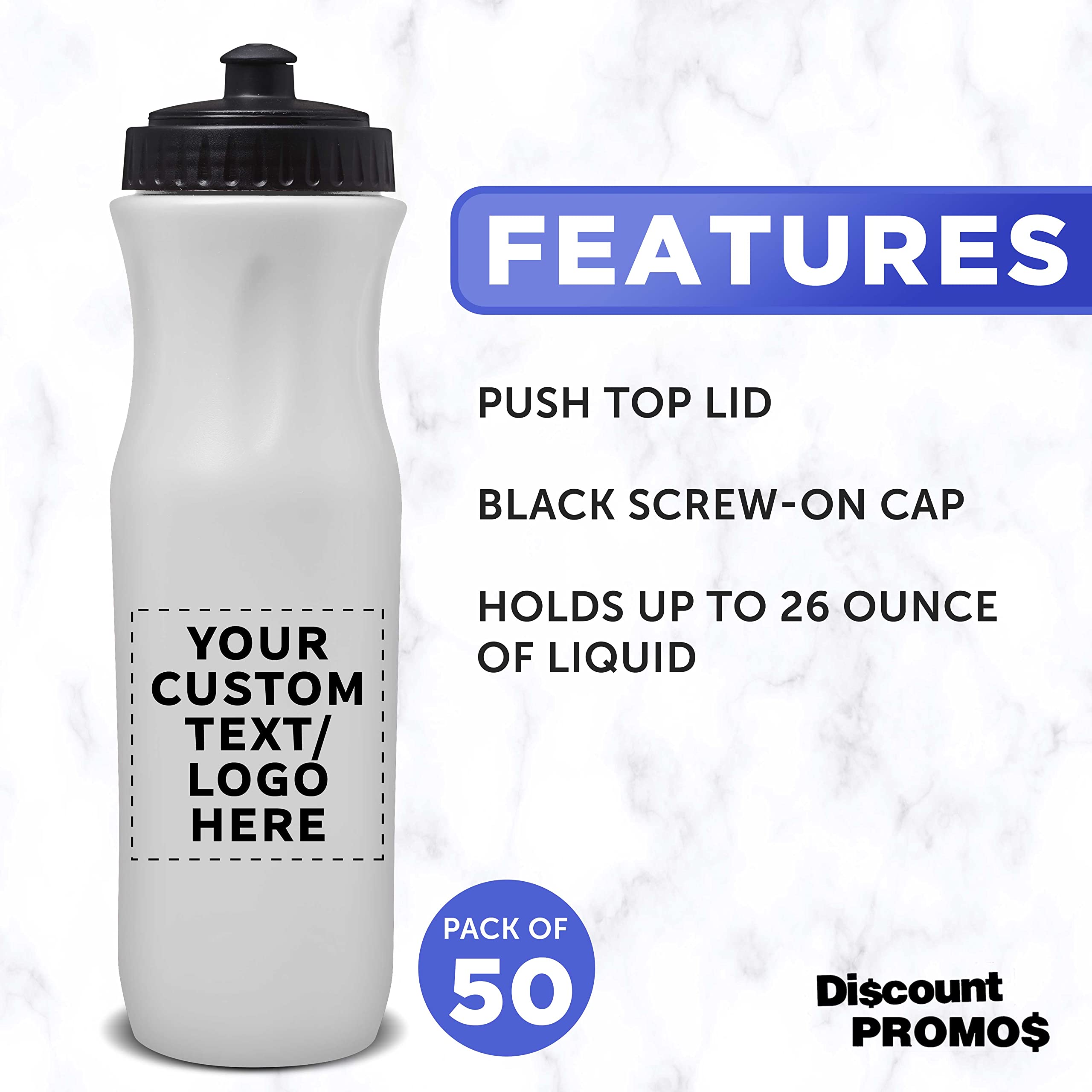 50 Pack 26oz Customizable Plastic Water Bottles with Black Push Top Lid - Bulk White Water Bottles for Sports, Gym, School & Office - Personalized Text & Logo Printing Available