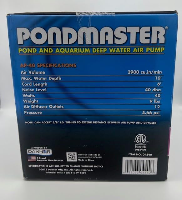 Danner Pondmaster AP-40 High Performance Air Pump - 2900 cu.in/min Airflow for Ponds, Aquariums & Hydroponics | Ideal for Aeration, Fish Tanks & Water Features