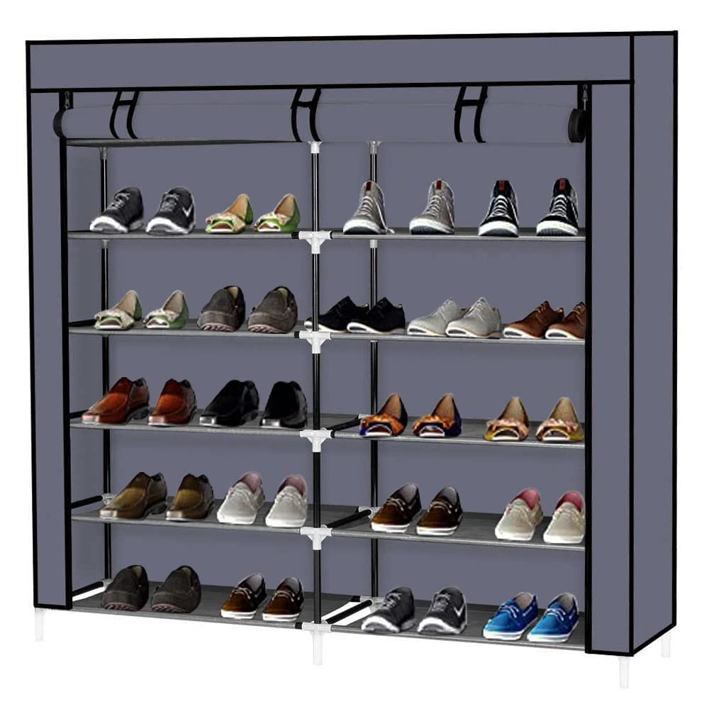 BNSPLY Double Row Non-Woven Fabric Shoe Rack - Holds 36 Pairs, Portable Shoe Storage Organizer with Durable Cover, Space-Saving Grey Shoe Shelf for Closet, Entryway, or Dorm Room Organization