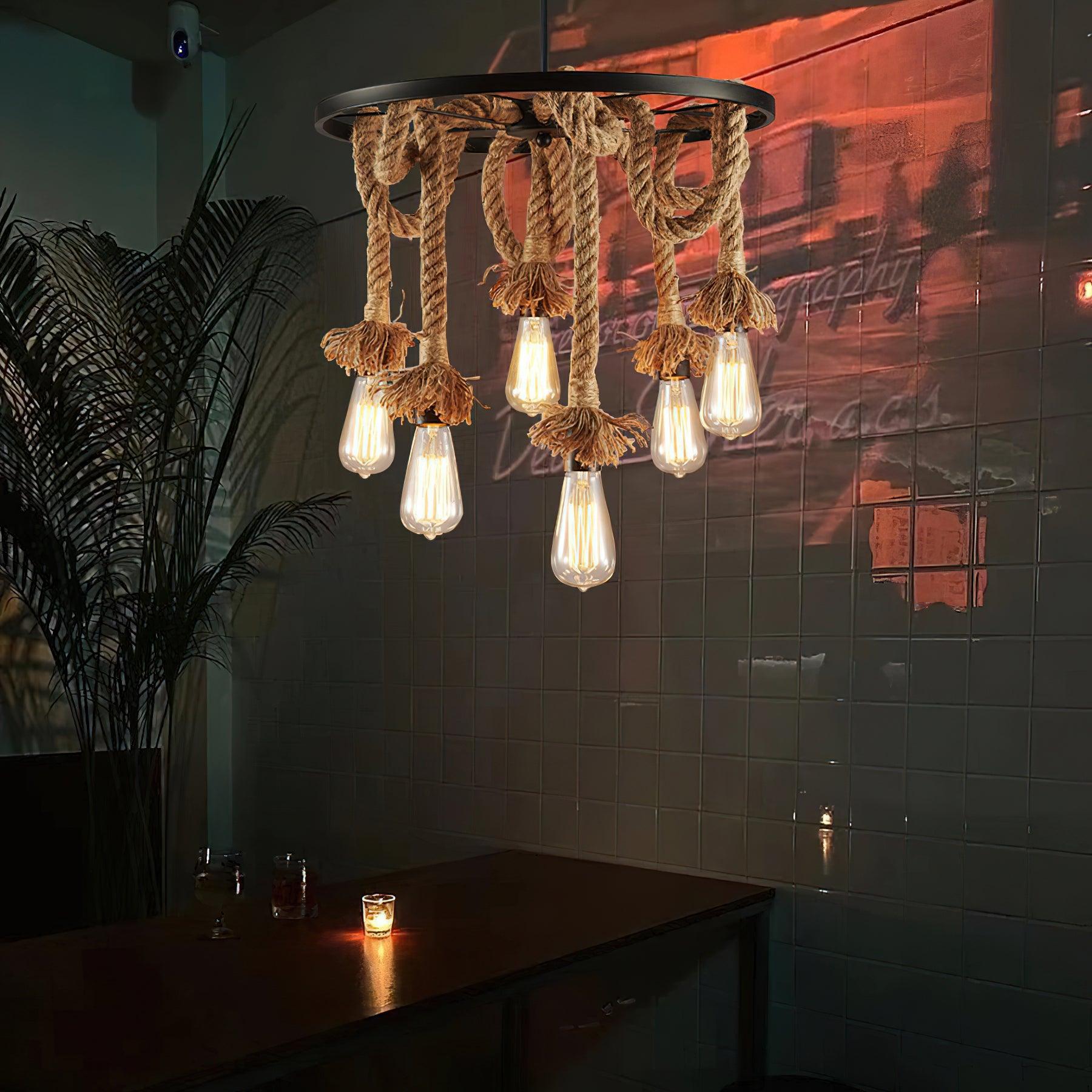 Industrial Hemp Rope Six-Light Chandelier - Rustic Farmhouse Ceiling Lighting Fixture for Dining Room, Living Room or Bedroom