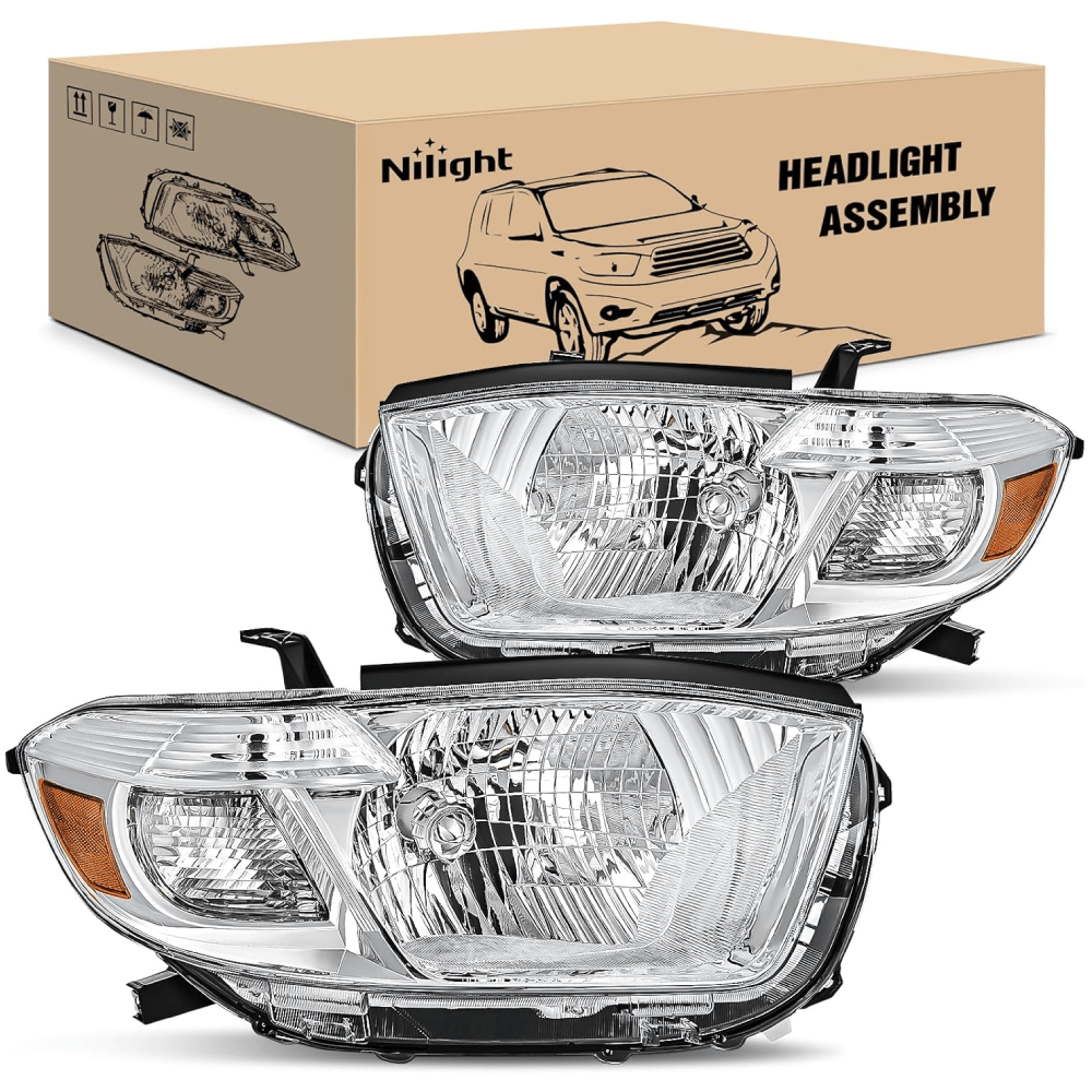 2008-2010 Toyota Highlander Headlight Assembly - Chrome Housing with Amber Reflector - Replacement for Foggy/Broken Lights - Left & Right Side Compatible - Perfect for Night Driving & Off-Road Use