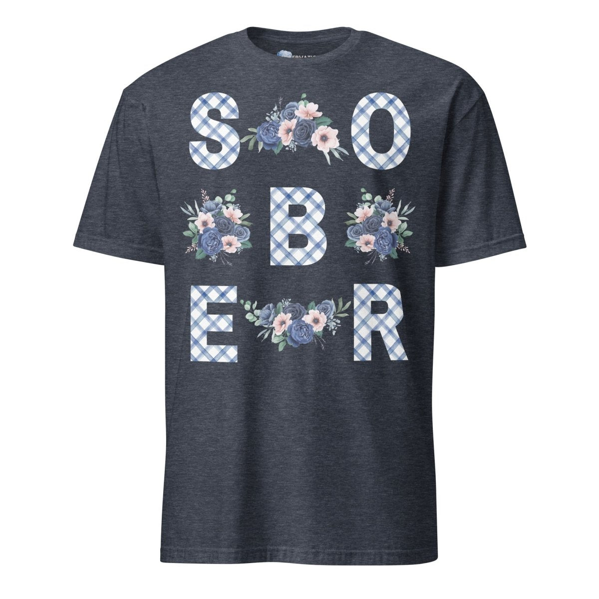 SOBER - Blue Gingham Floral Print Unisex Essential T-Shirt (Front Graphic) | Casual Everyday Wear, Street Style Outfit, Summer Fashion Basic Tee