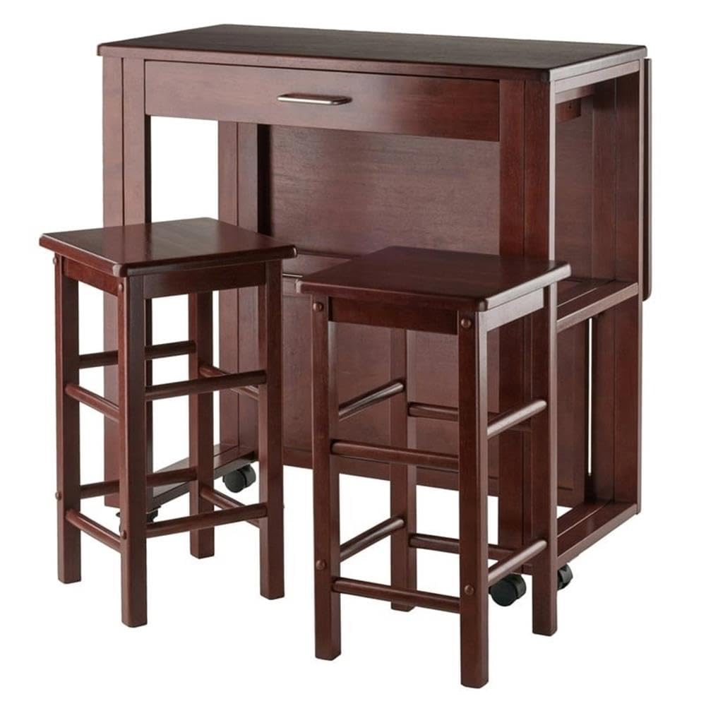 Pemberly Row 3-Piece Solid Wood Drop Leaf Dining Set - Walnut Finish Transitional Style | Perfect for Small Spaces, Breakfast Nooks & Cozy Dining Areas