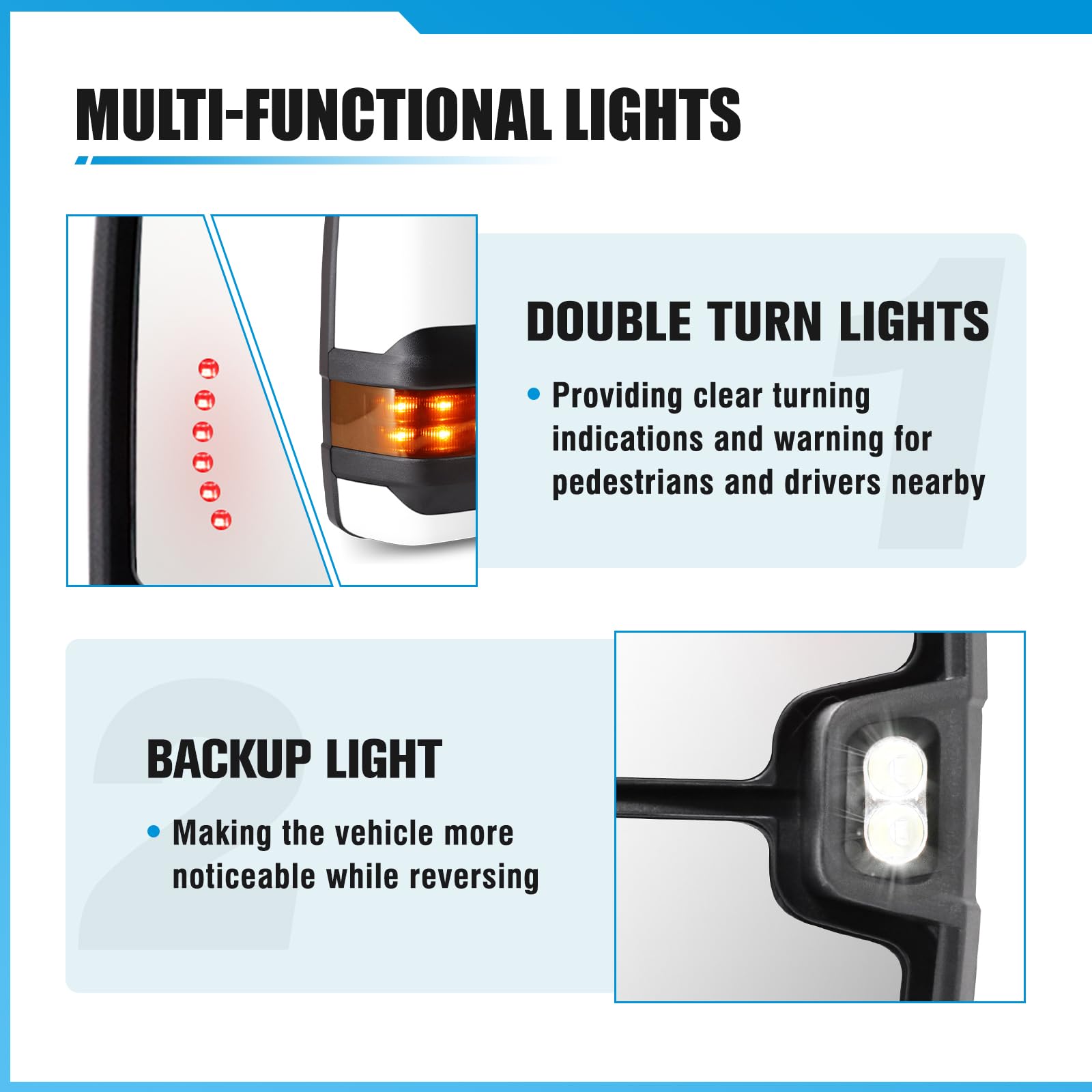 Chevy Silverado & GMC Sierra 1500/2500HD/3500HD Towing Mirrors (2007-2014) - Power Heated, Turn Signal, Backup Light, Manual Telescoping & Folding - 8624 White - Perfect for Towing, Camping & Off-Road Adventures