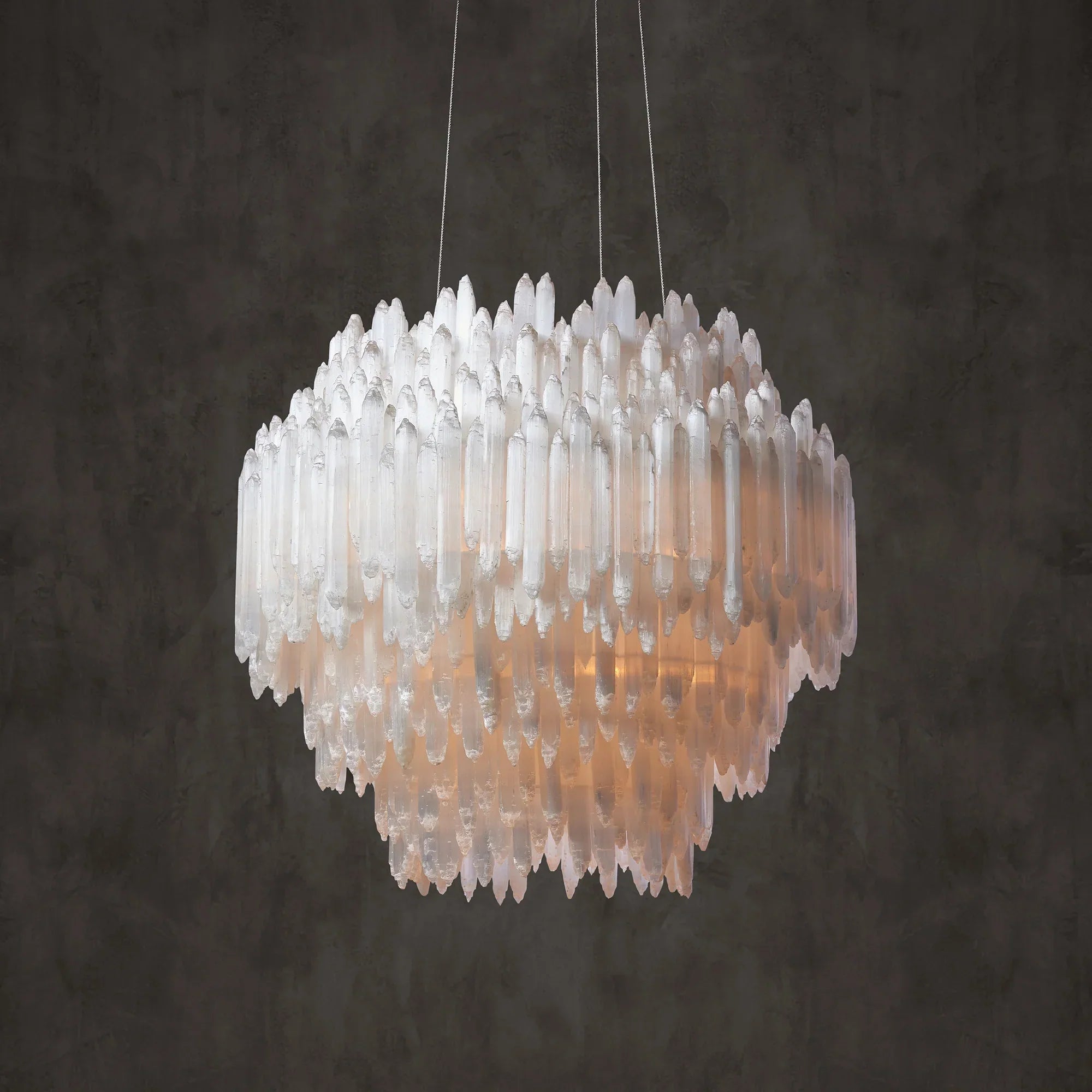Selenite Crystal Round Chandelier - Natural Stone Pendant Light Fixture for Living Room, Bedroom & Meditation Space