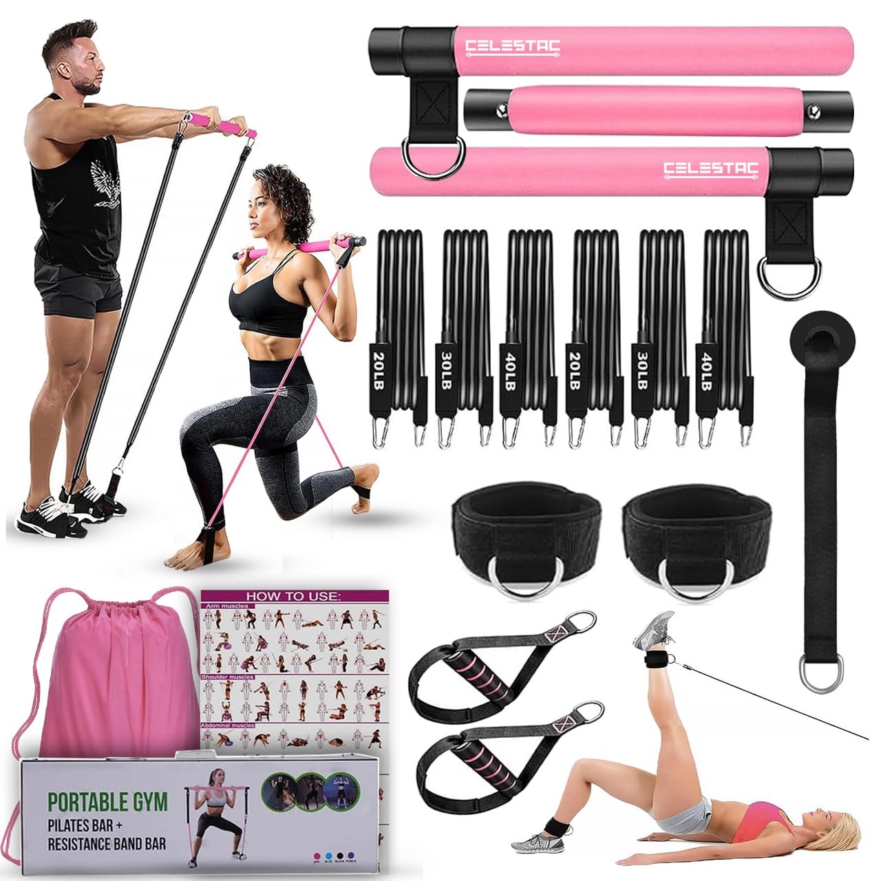 Pilates Bar Kit with Resistance Bands (20, 30, 40lbs) - Portable Home Gym Equipment for Women & Men - Full Body Workout, Strength Training & Stretching - Perfect for Home Exercise, Yoga, Pilates & Fitness Routines