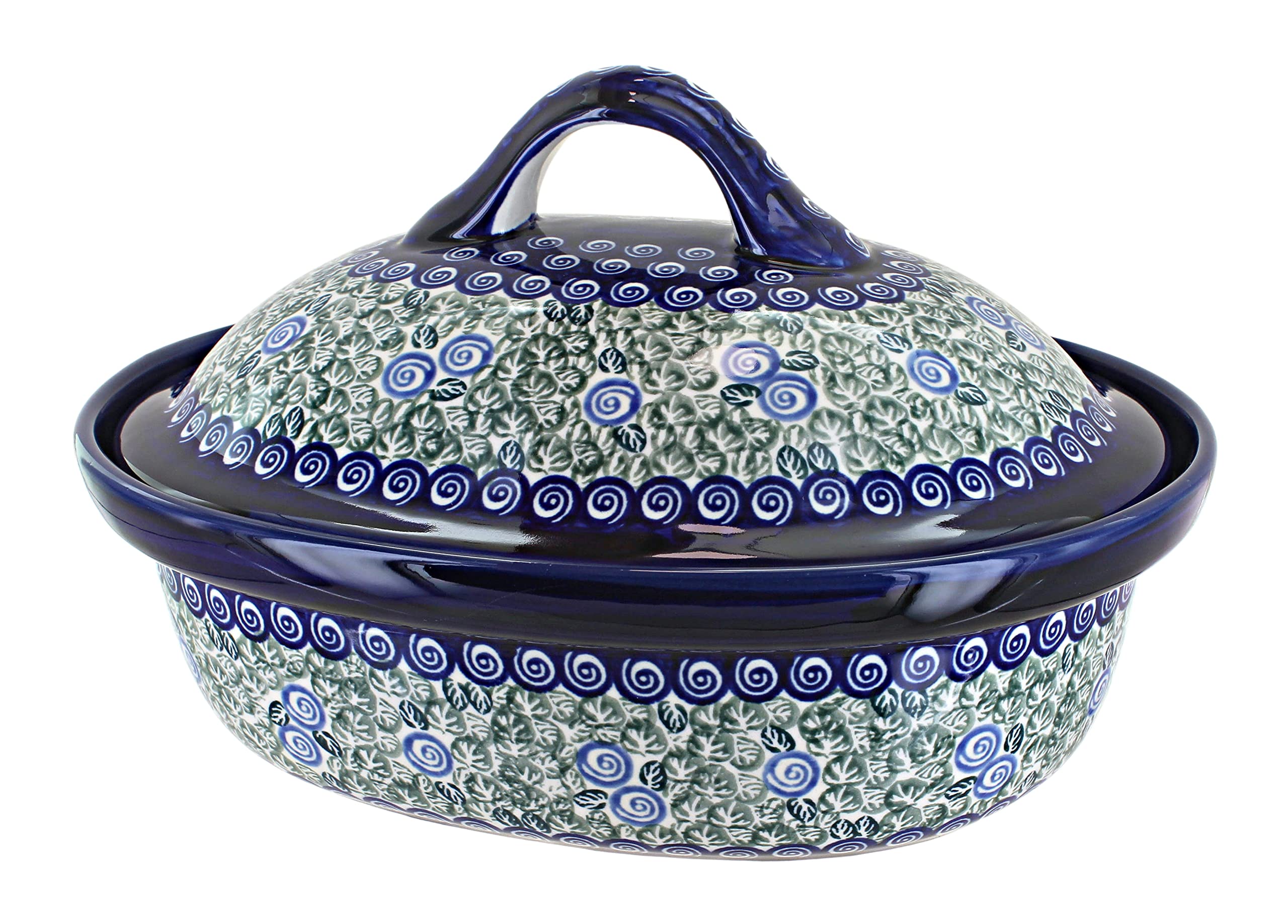 Blue Rose Polish Pottery Seaside Swirl Roaster with Lid - Handcrafted Ceramic Baking Dish for Casseroles, Stews & Roasts - Perfect for Oven, Stovetop & Serving