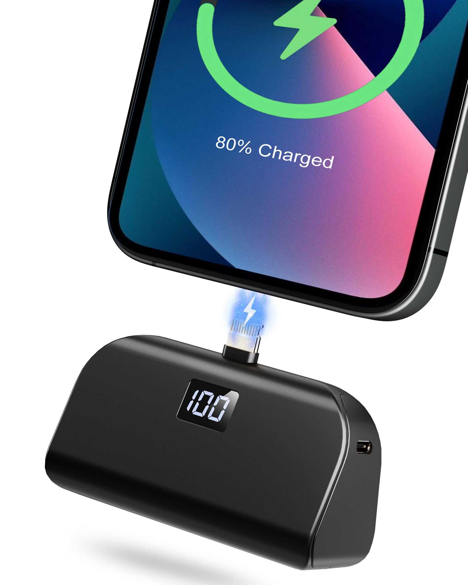 Mini Portable Charger for iPhone with Built-in Cable - 4800mAh Small Power Bank Fast Charging - Compatible with iPhone 14/13/12/11/X/8/7/6 Series - Black - Perfect for Travel, Work & Emergency Charging