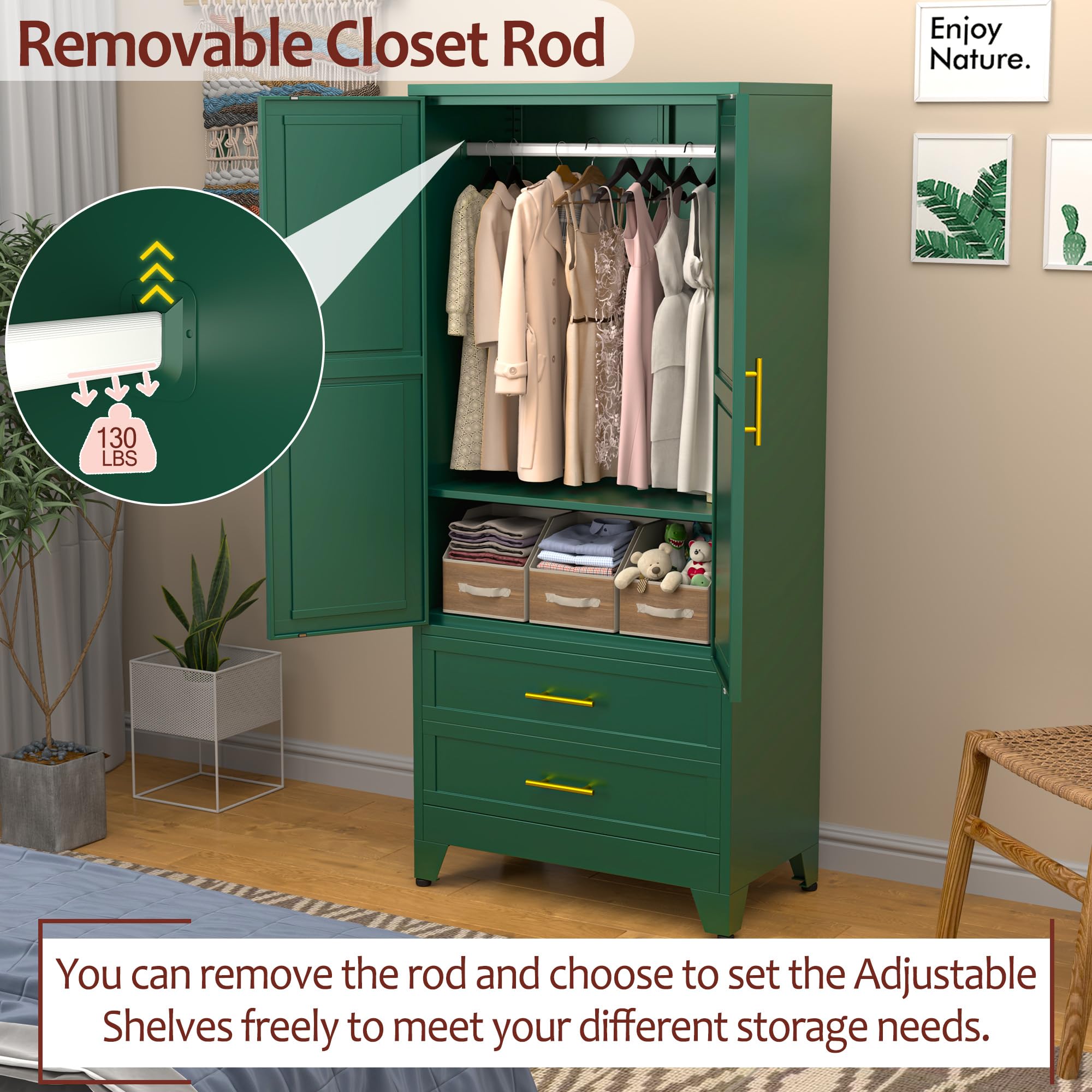 Metal Armoire Wardrobe Closet with 2 Drawers & Hanging Rod - 71