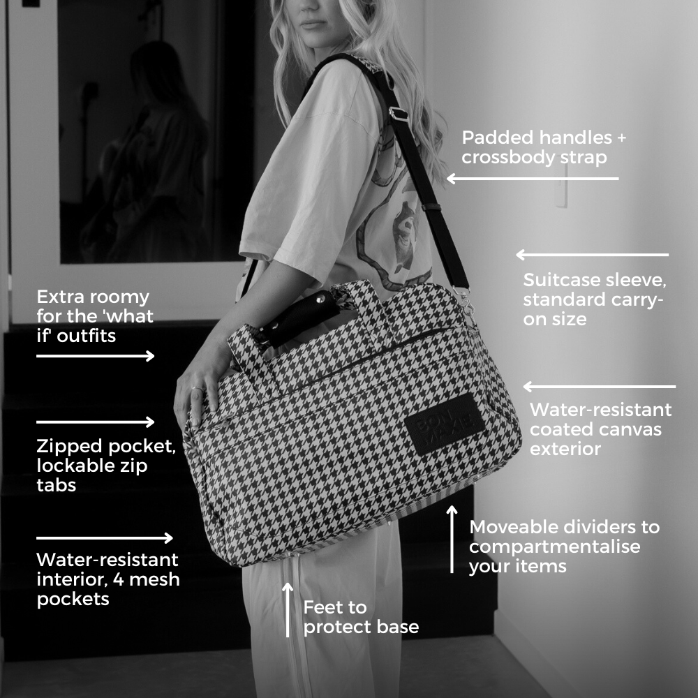 Bon Voyage Weekender Bag - Lightweight Travel Duffel with Adjustable Strap, Almond Gingham Pattern - Perfect for Weekend Getaways, Gym & Overnight Trips