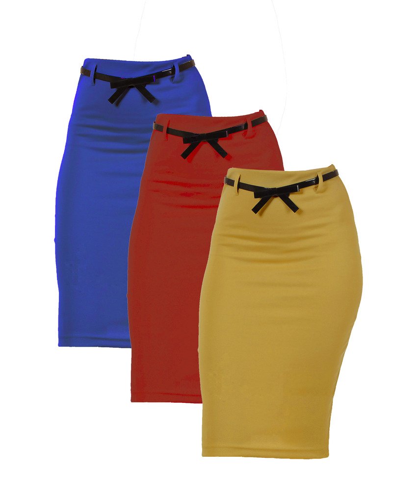 Dinamit Jeans 3 Pack Women's High Waist Below Knee Pencil Skirt - Stretchy Slim Fit Denim Skirts for Work, Office & Casual Outfits