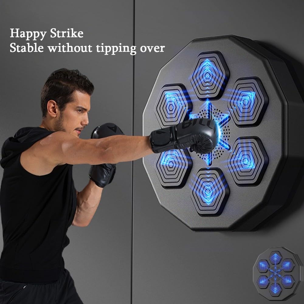 Smart Wall Mounted Boxing Machine with Music - Boxing Training Equipment for Hand-Eye Coordination & Reaction - Perfect for Kids & Adults (Black+Red Gloves Included) - Ideal for Home Gyms, Boxing Training & Fitness Workouts