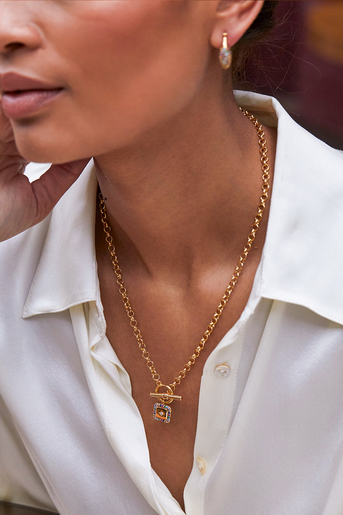 Rainbow Square Paperclip Link T Bar Necklace - Trendy Layering Jewelry for Women, Perfect for Everyday Wear & Gift Giving