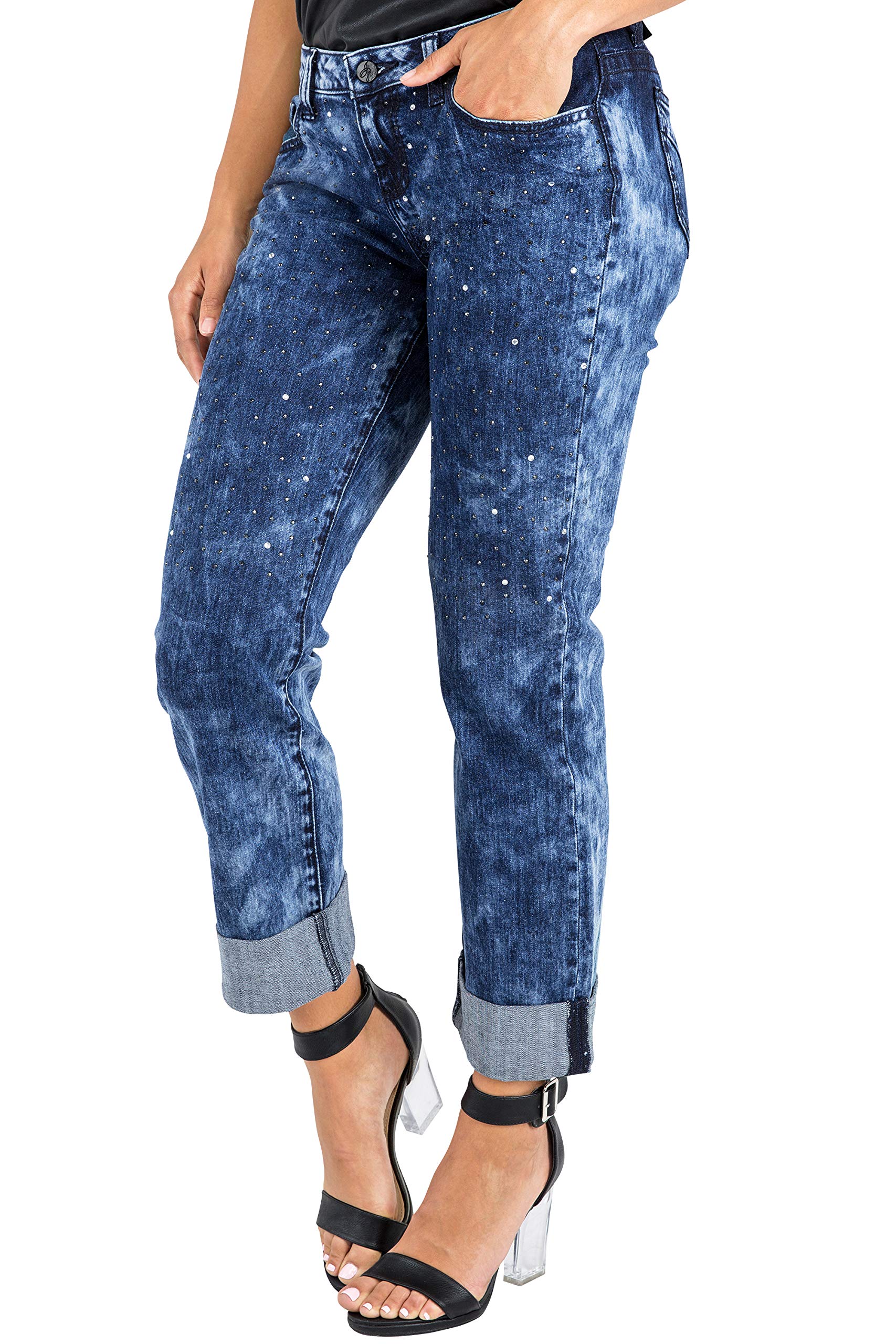 Poetic Justice Women's Curvy Fit Blue Stretch Encrusted Diamond Boyfriend Jeans | High Waist Distressed Denim Pants for Casual Wear & Night Out