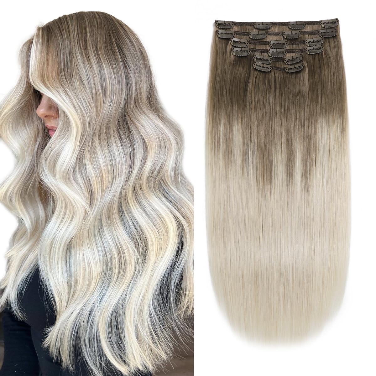 XD Clip in Hair Extensions 20 Inch Human Hair 120g - Balayage Ombre Ash Brown to Platinum Blonde Double Weft Hair Extensions Set of 6pcs (#8T60) for Volume & Length - Perfect for Parties, Weddings & Everyday Styling
