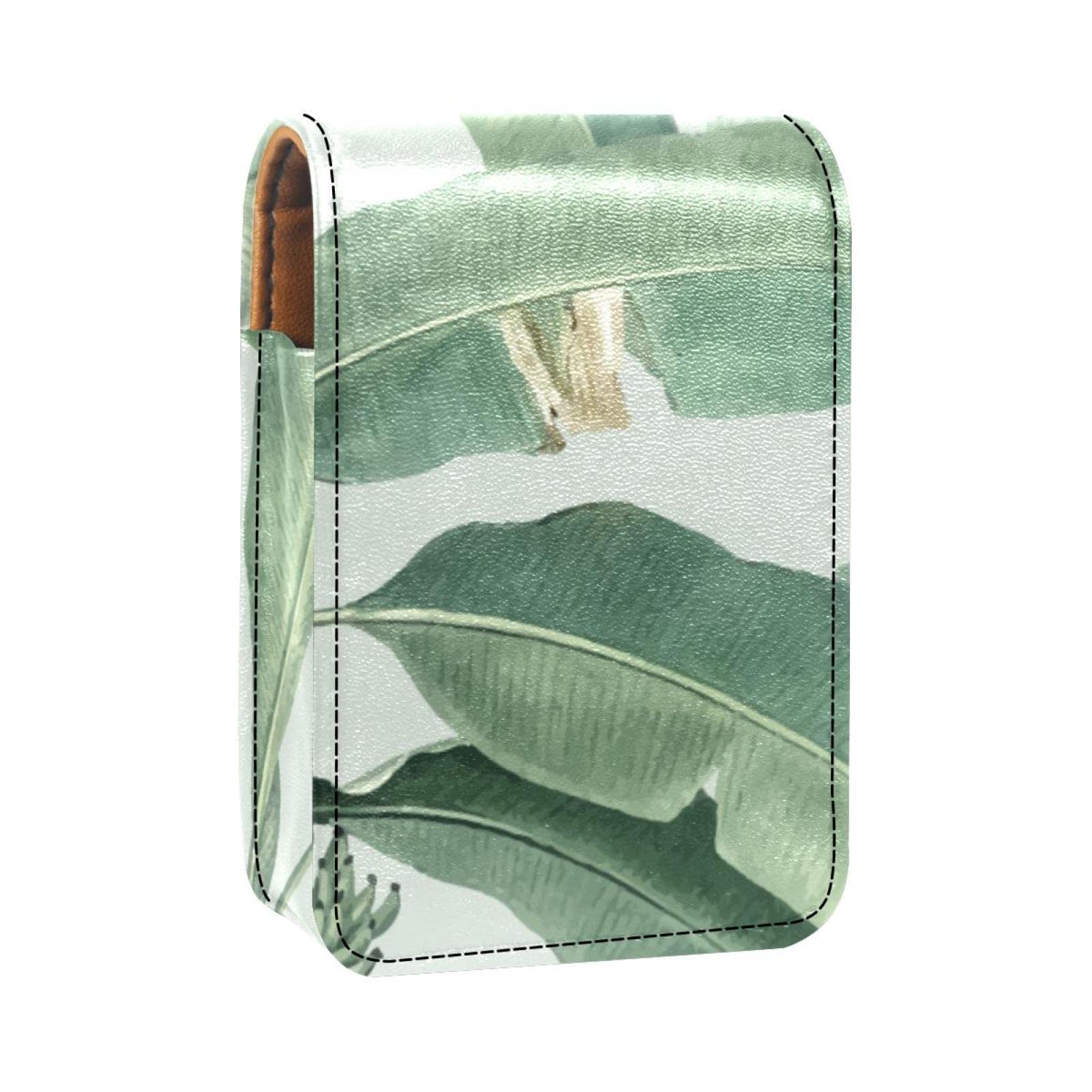 Portable Lipstick Organizer - Small Cosmetic Travel Bag with Mirror & Pocket - Green Tropical Leaves Design - Perfect for Makeup Storage, Travel & On-the-Go Touch Ups