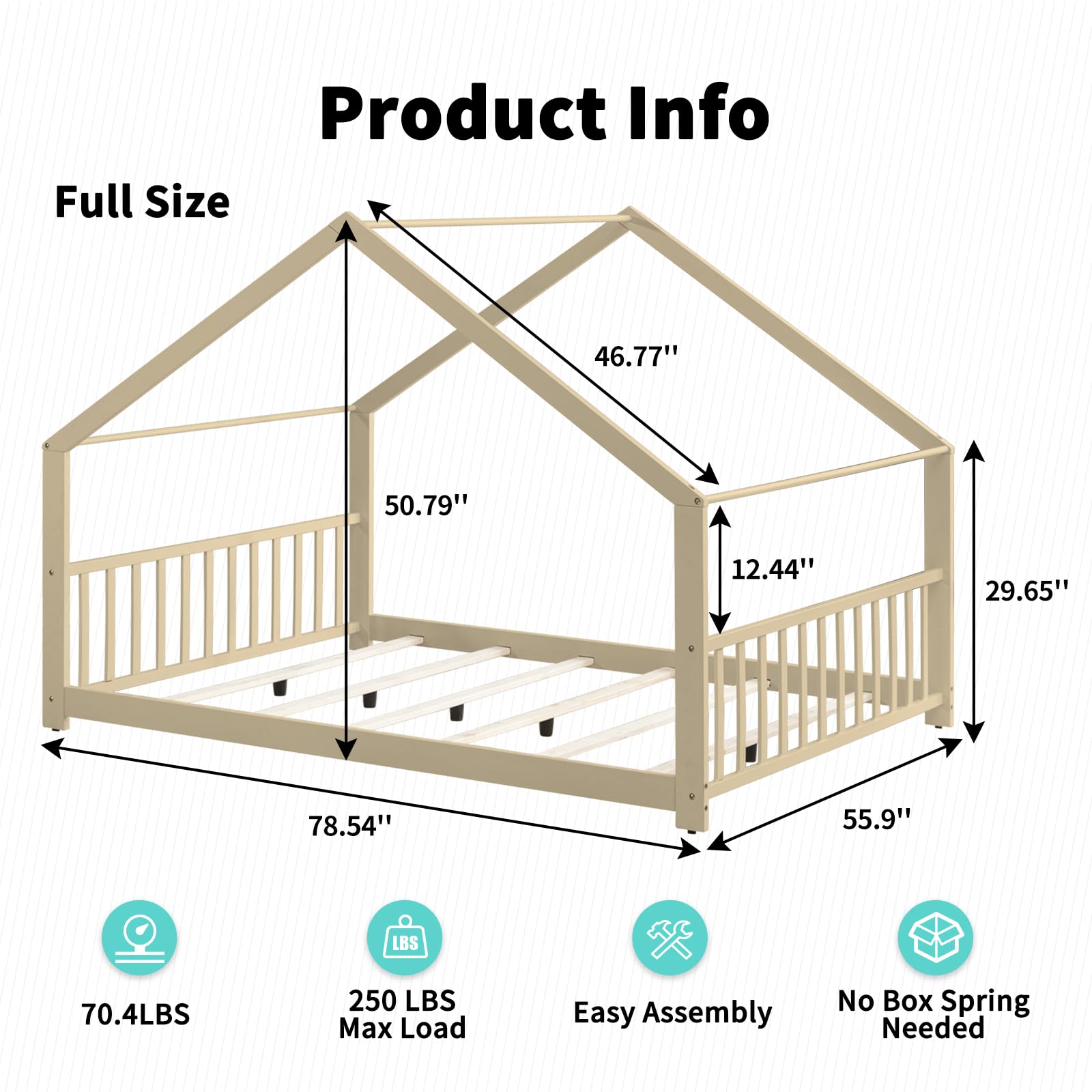 Montessori Floor Bed Full Size - Wooden House Bed Frame with Roof for Kids - Natural Wood Toddler Bed for Boys & Girls - Perfect for Bedrooms, Playrooms & Montessori Learning Spaces