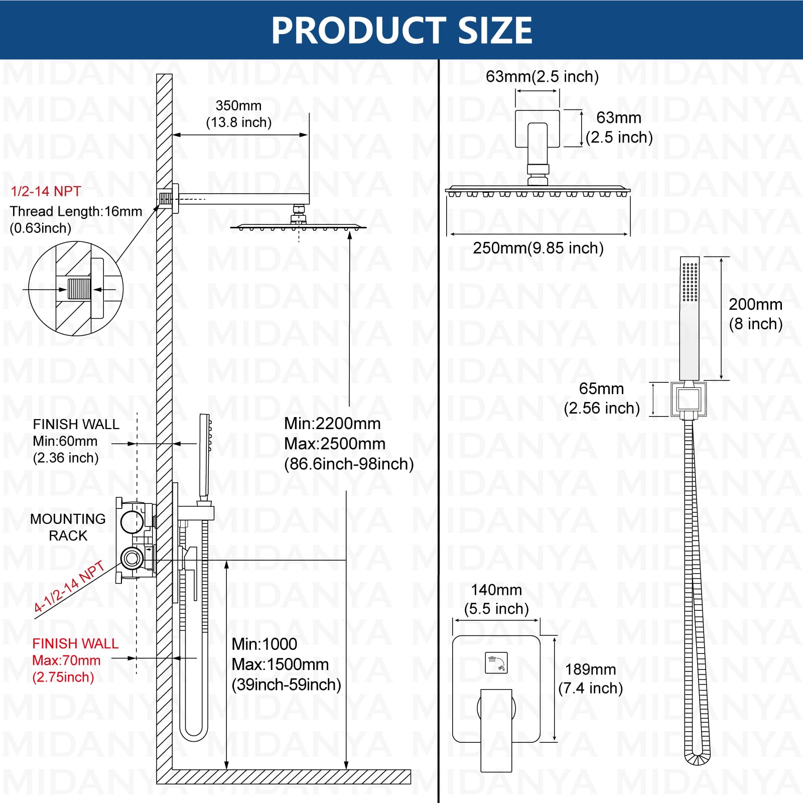 Midanya 10 Inch Square Rainfall Shower System - Matte Black Wall Mount Shower Head with Hand Sprayer, Rough-in Valve & Bathroom Mixer Trim Kit - Perfect for Modern Luxury Bathrooms and Spa-Like Shower Experience