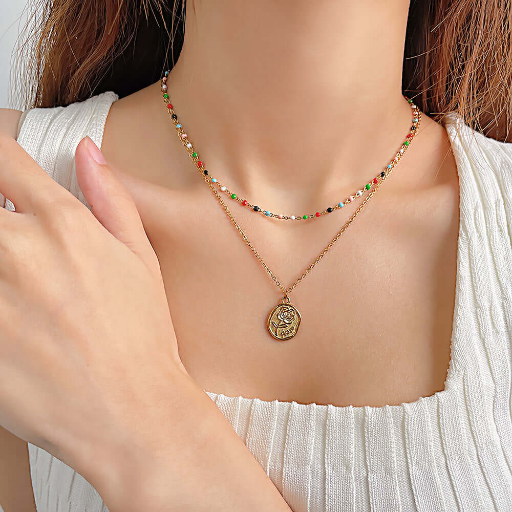 Gold Coin Layering Flower Seed Bead Chain Necklace | GX2310 - Elegant Boho Jewelry for Women, Perfect for Layering, Parties & Everyday Wear