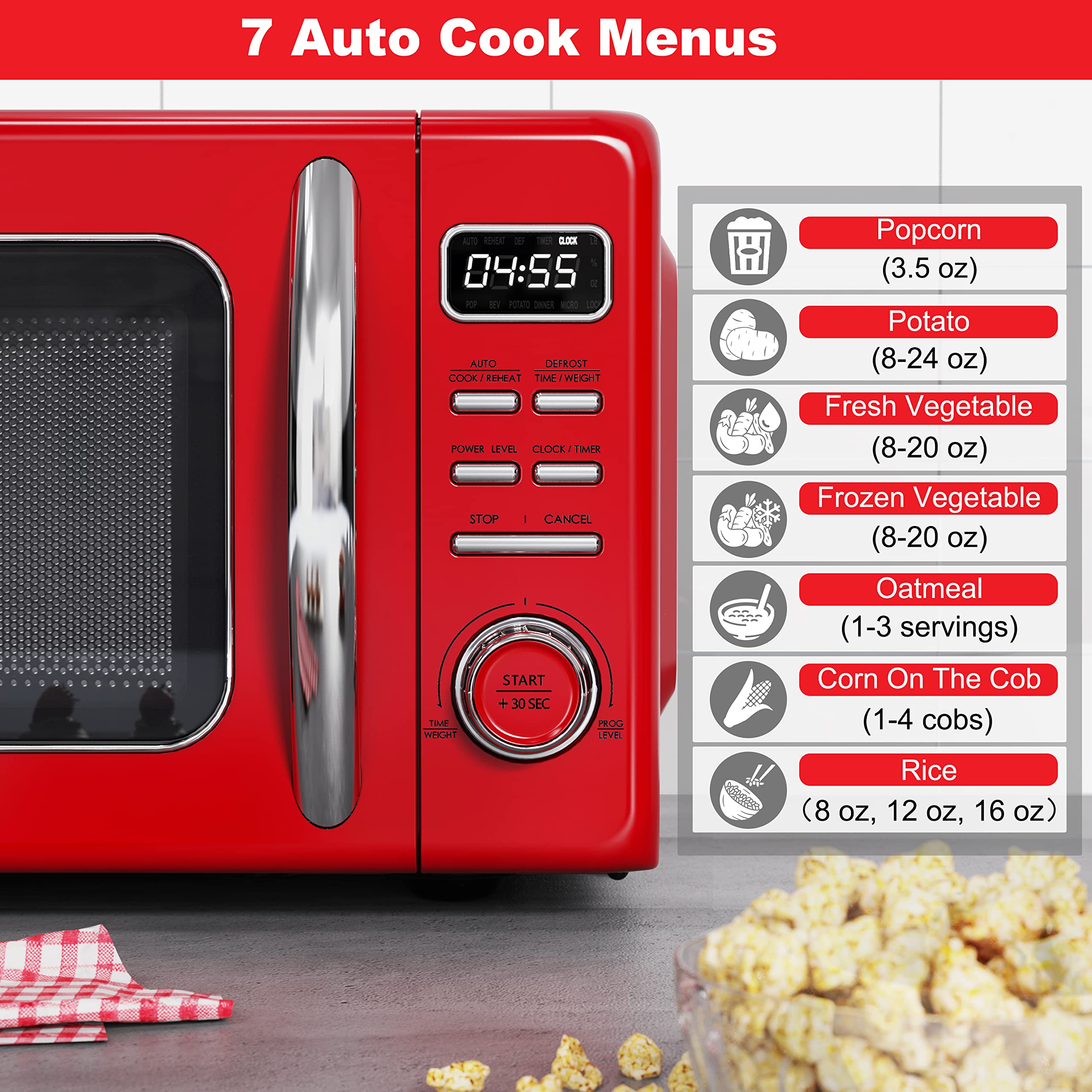 Galanz 1.1 Cu Ft Retro Red Microwave Oven with Auto Cook, Reheat & Defrost - Quick Start, Easy Clean Glass Turntable, Pull Handle - Perfect for Small Kitchens, Dorms & Office Break Rooms