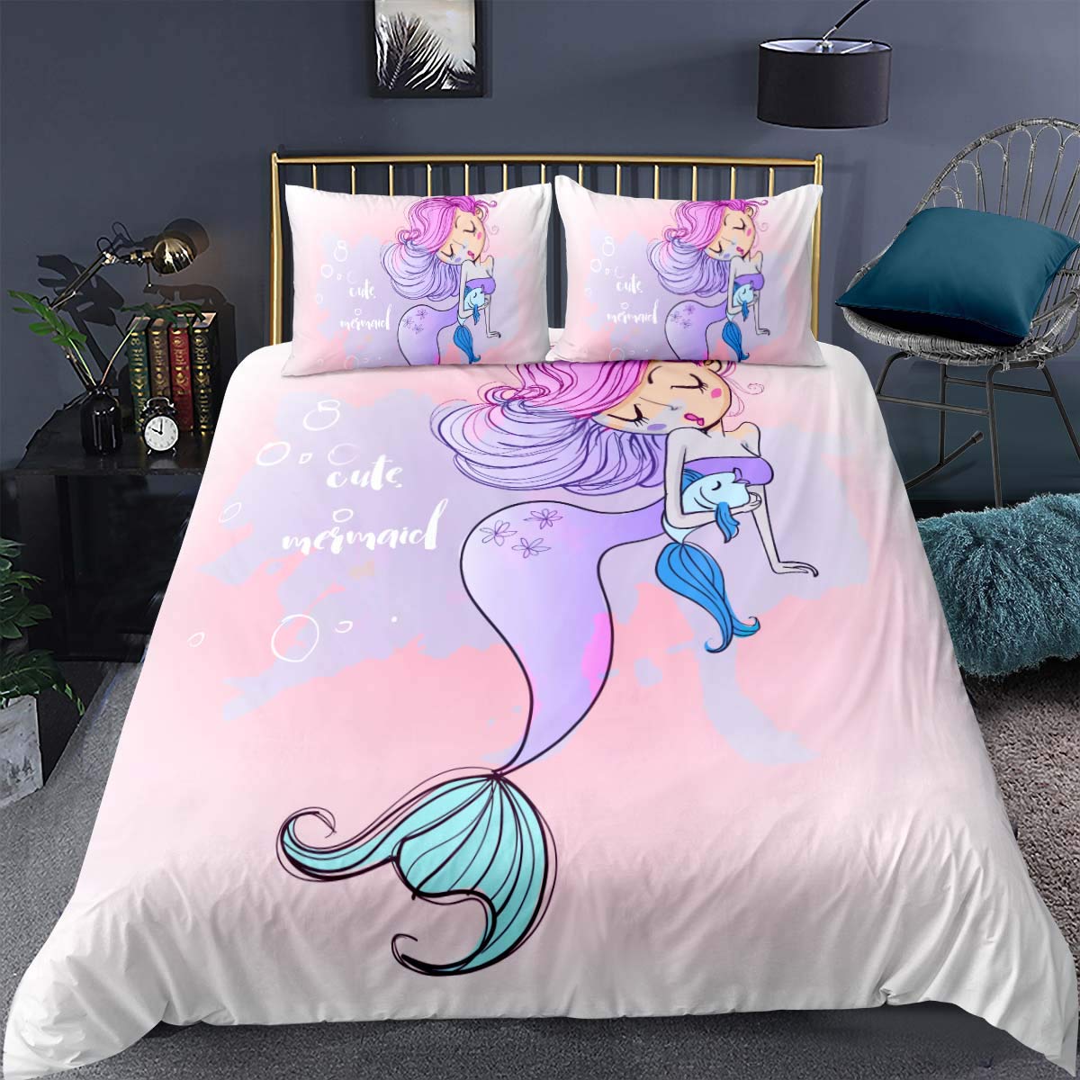 Feelyou Mermaid Comforter Cover Set - King Size 3-Piece Bedding with Underwater Cartoon Design, Pink & Purple Duvet Cover + 2 Pillow Shams for Girls' Room Decor | Perfect for Teen Bedroom, Princess Theme Nursery & Whimsical Home Decor