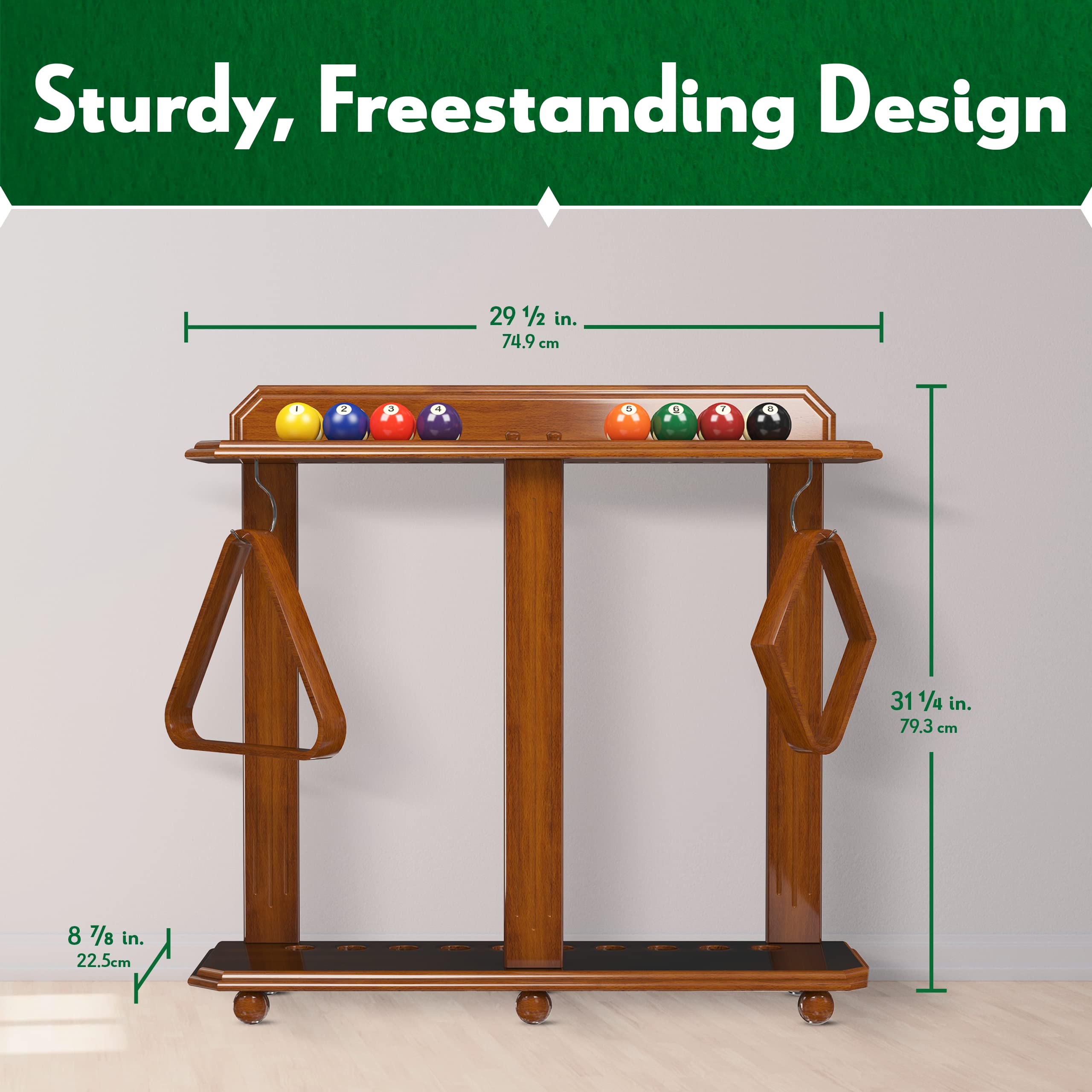 Premium Wooden Pool Cue Rack - Holds 10 Billiard Sticks & Full Ball Set - Durable Floor Standing Billiards Accessory (Black) - Perfect for Game Rooms, Bars, and Home Pool Tables