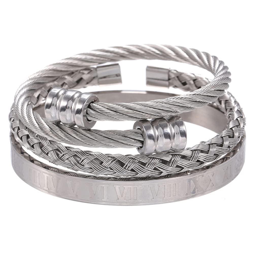3PCS Roman Numeral Stainless Steel Bracelets for Men - Twisted Cable Adjustable Bangle Set (DD100) | Perfect for Casual Wear, Gifts & Everyday Fashion