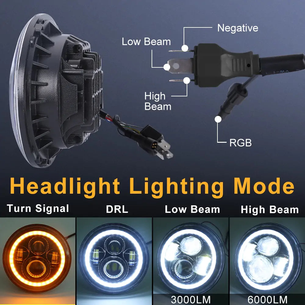 7 Inch RGB LED Headlights for Jeep Wrangler JK JL Gladiator - Waterproof Off-Road Lights with Multiple Color Modes, Perfect for Night Driving, Off-Roading & Custom Car Mods